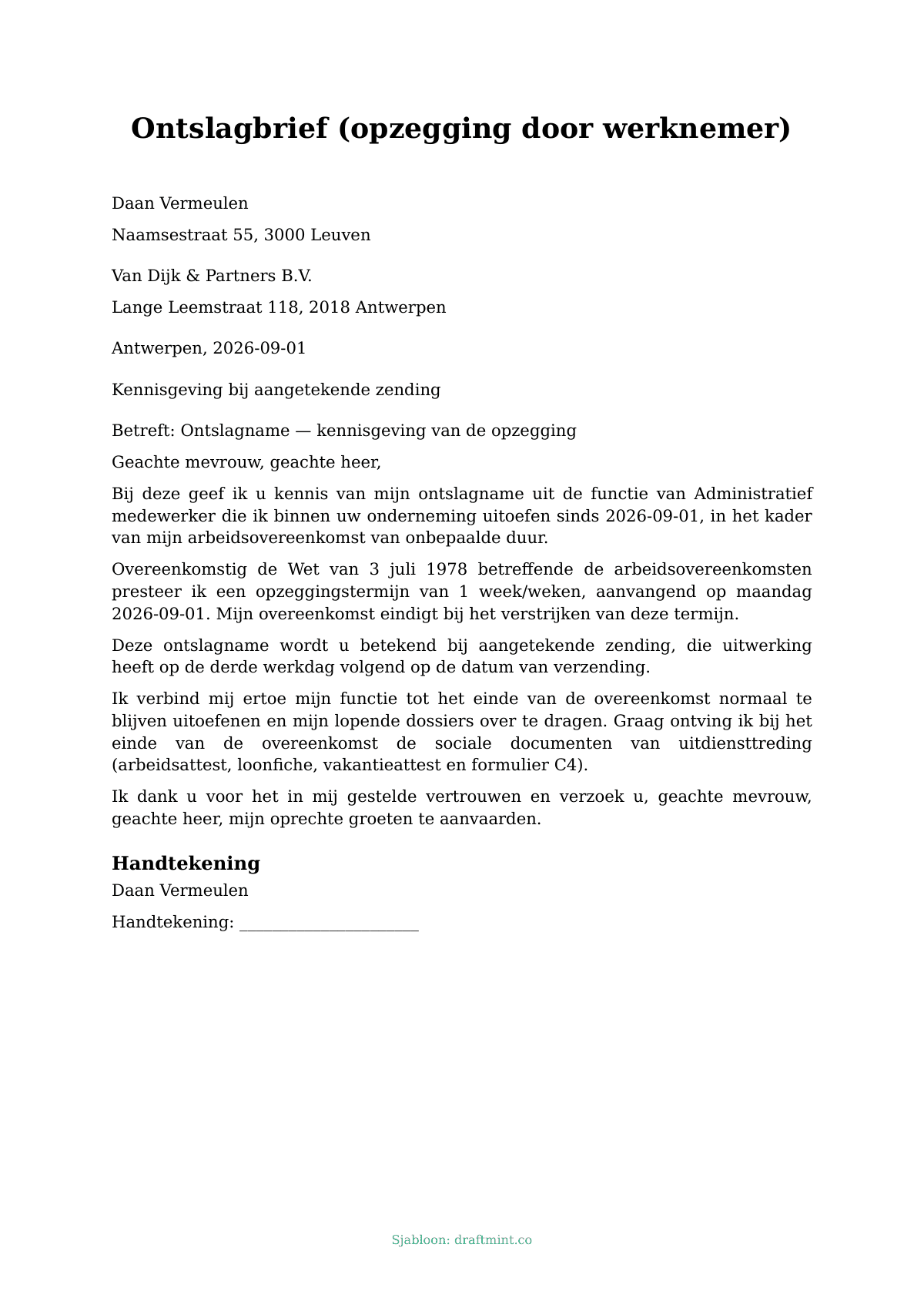 Ontslagbrief (opzegging door werknemer) — ingevuld sjabloon, voorbeeld in PDF