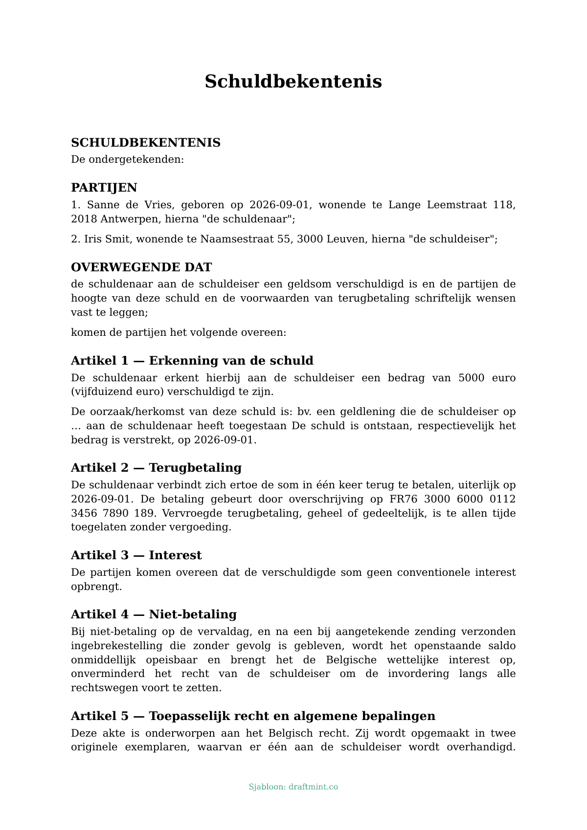 Schuldbekentenis — ingevuld sjabloon, voorbeeld in PDF