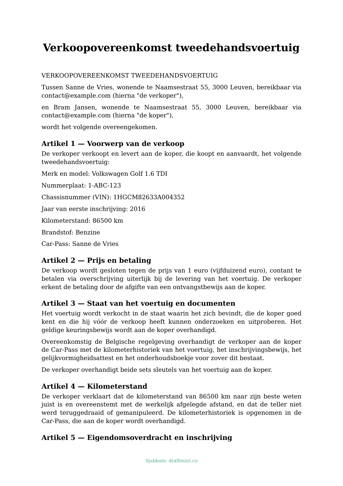 Verkoopovereenkomst tweedehandsvoertuig — ingevuld sjabloon, voorbeeld in PDF