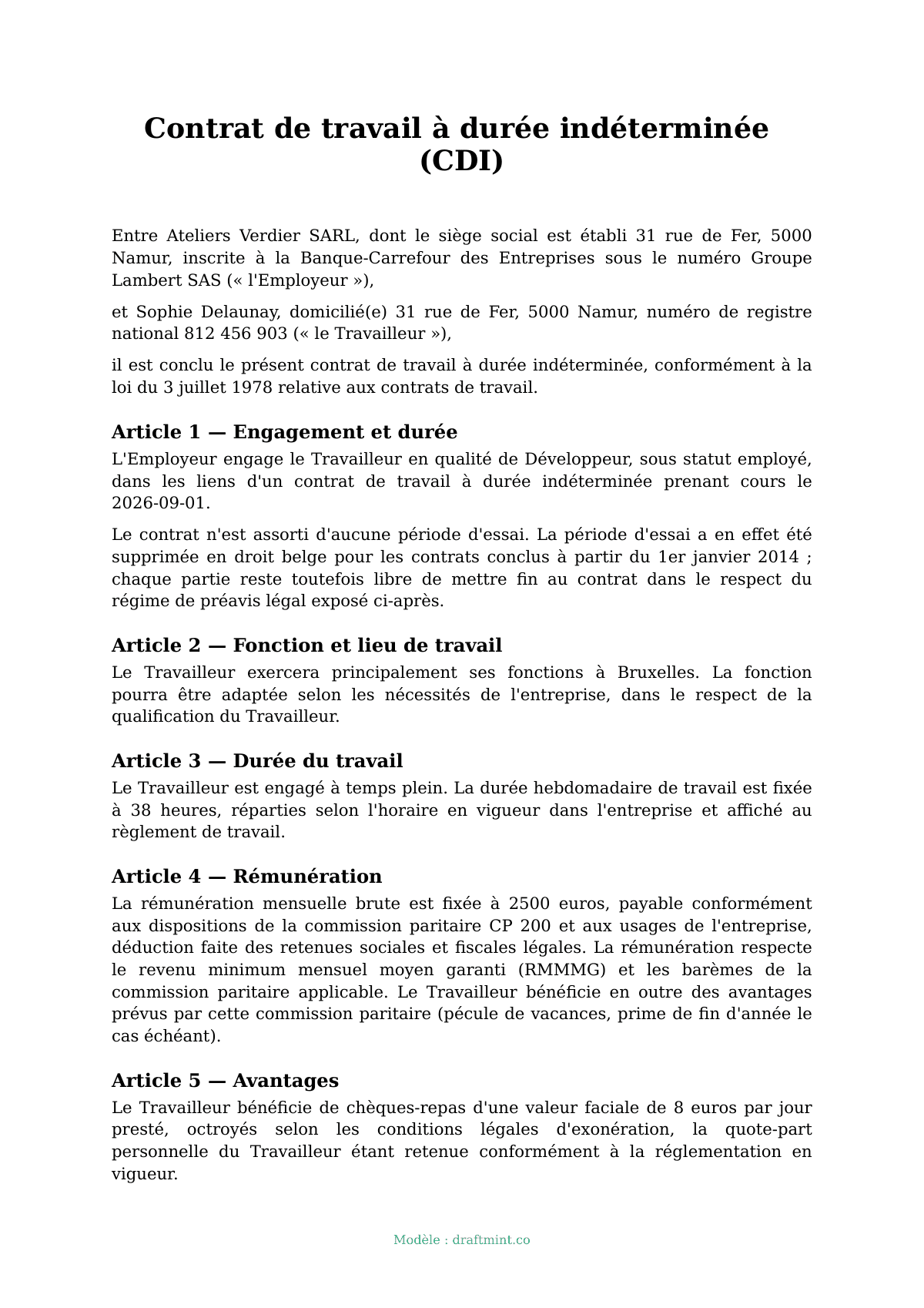 Contrat de travail à durée indéterminée (CDI) — modèle rempli, exemple en PDF