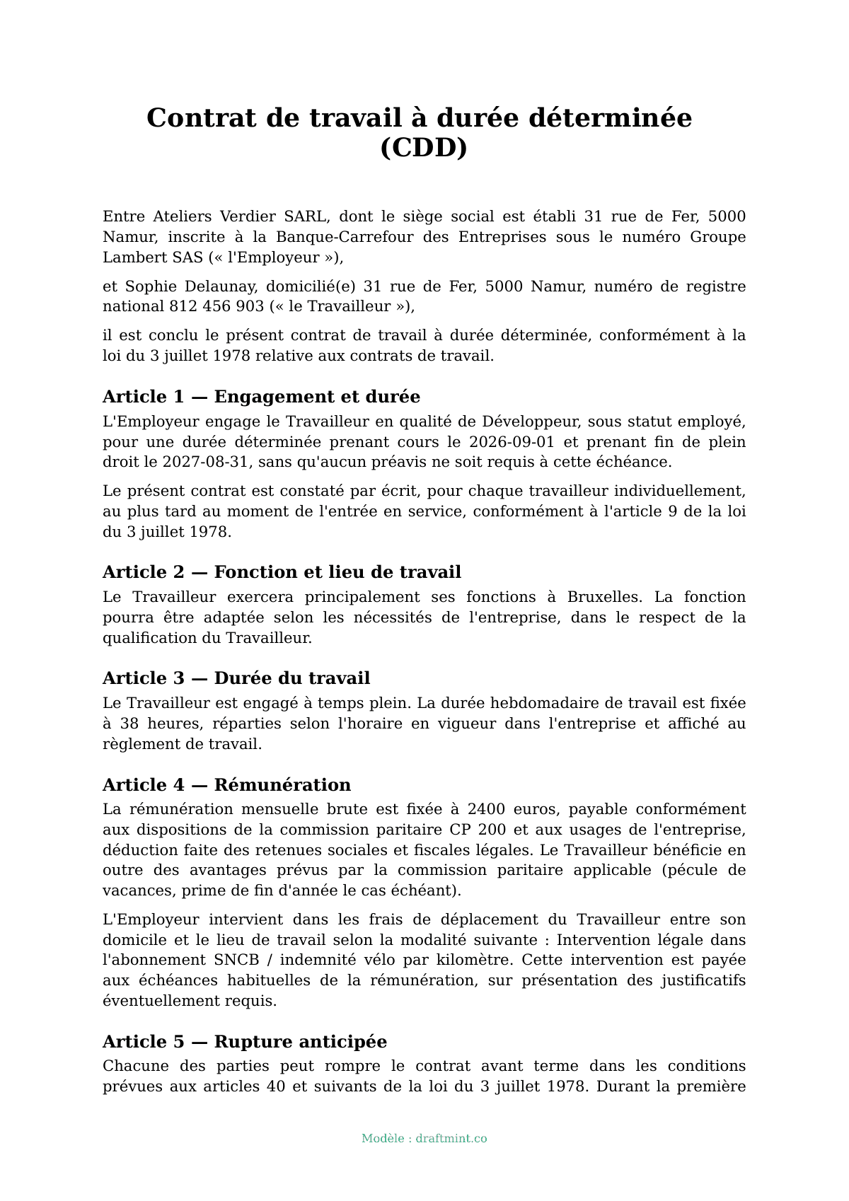 Contrat de travail à durée déterminée (CDD) — modèle rempli, exemple en PDF