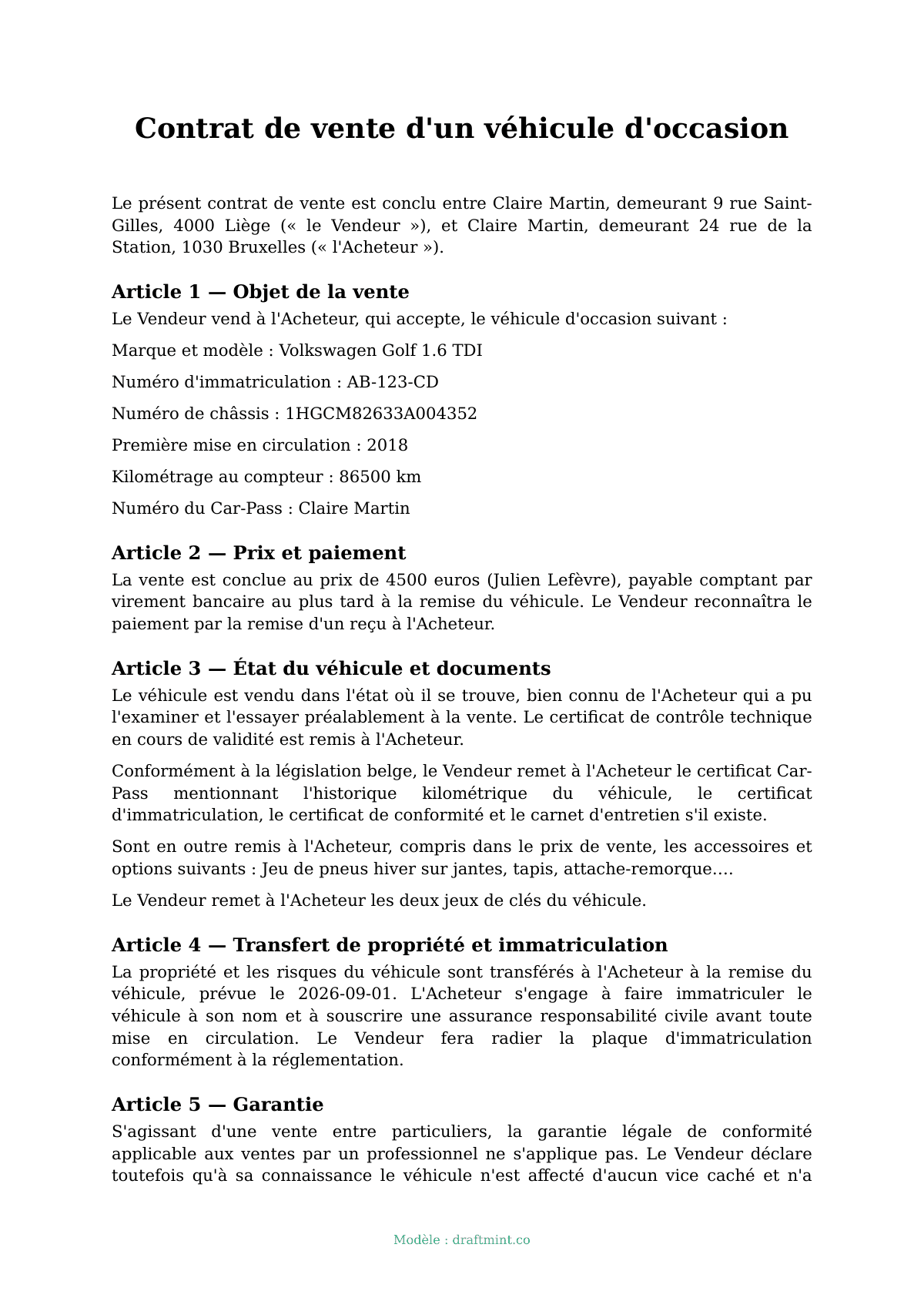 Contrat de vente d'un véhicule d'occasion — modèle rempli, exemple en PDF