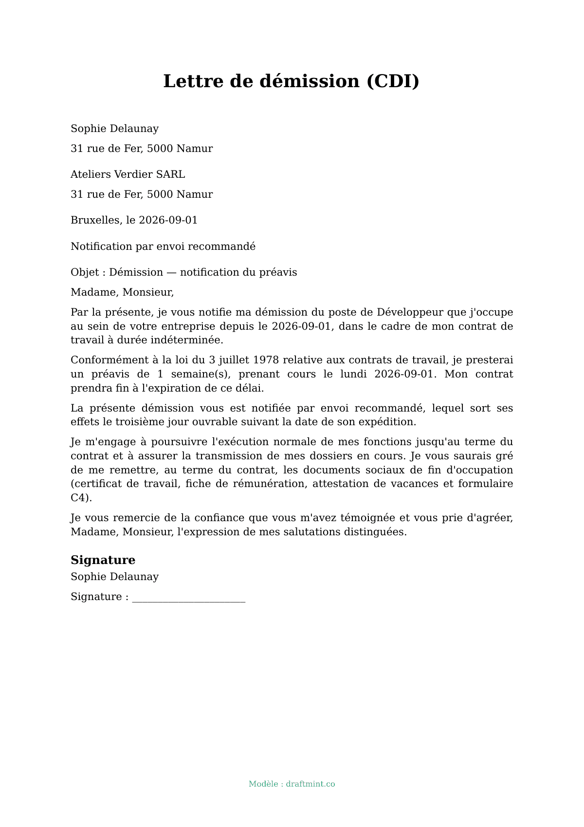Lettre de démission (CDI) — modèle rempli, exemple en PDF