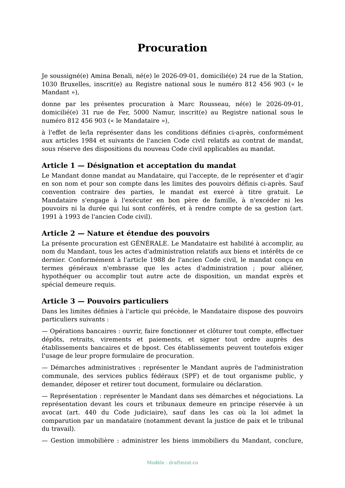 Procuration — modèle rempli, exemple en PDF