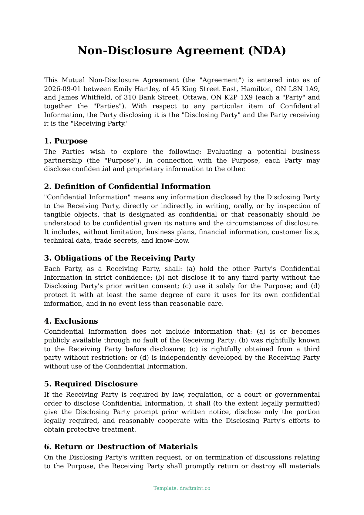Non-Disclosure Agreement (NDA) — filled-in template, sample PDF