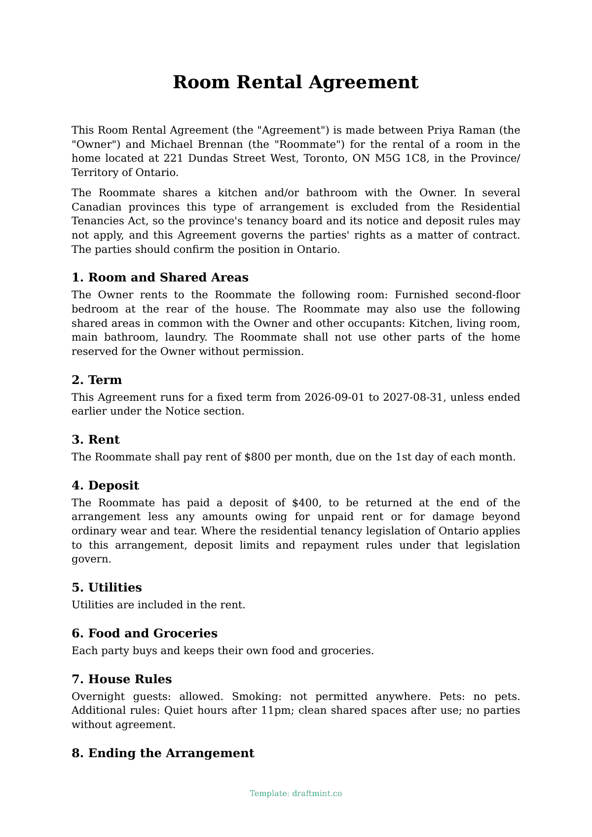 Room Rental Agreement — filled-in template, sample PDF