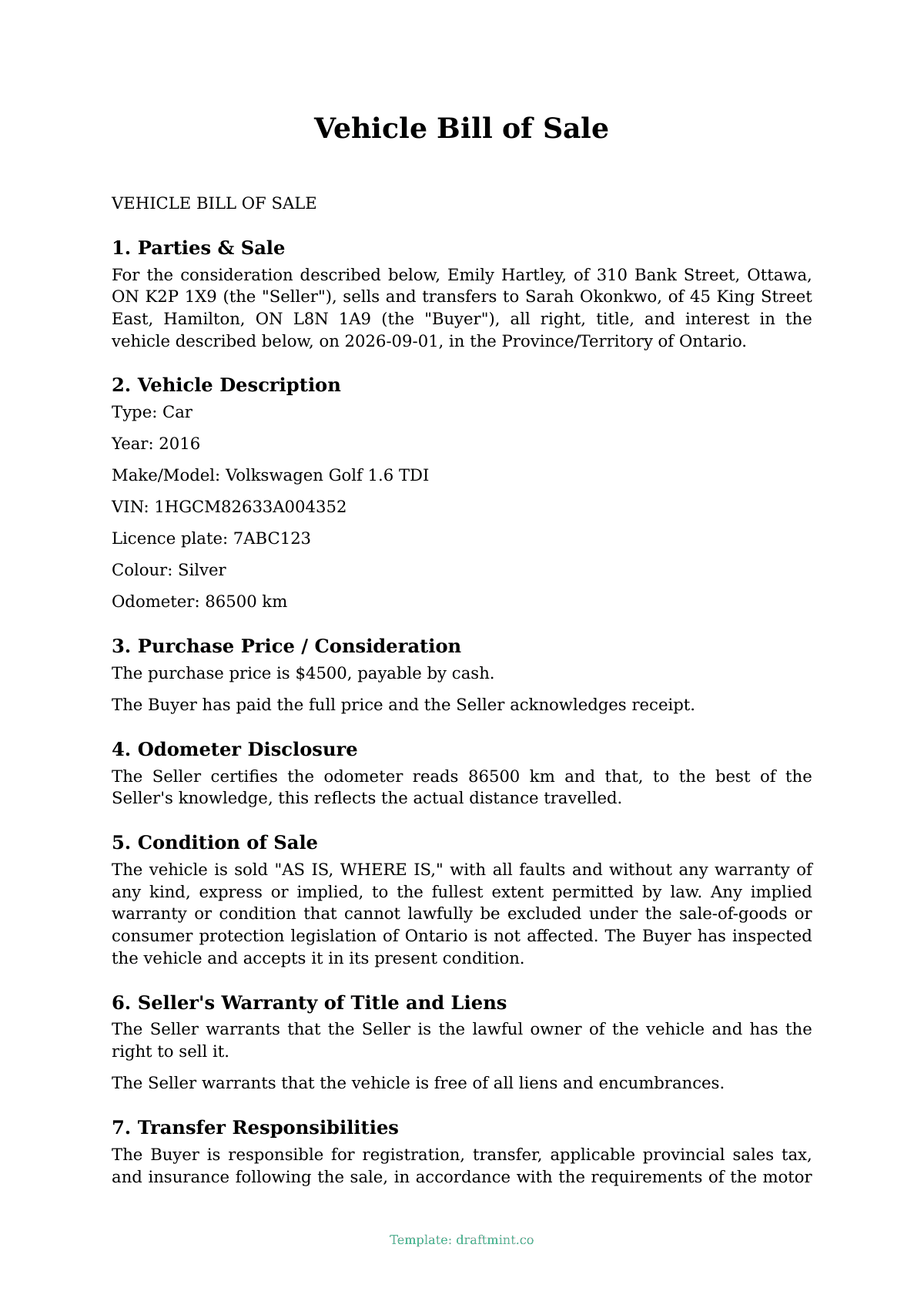 Vehicle Bill of Sale — filled-in template, sample PDF