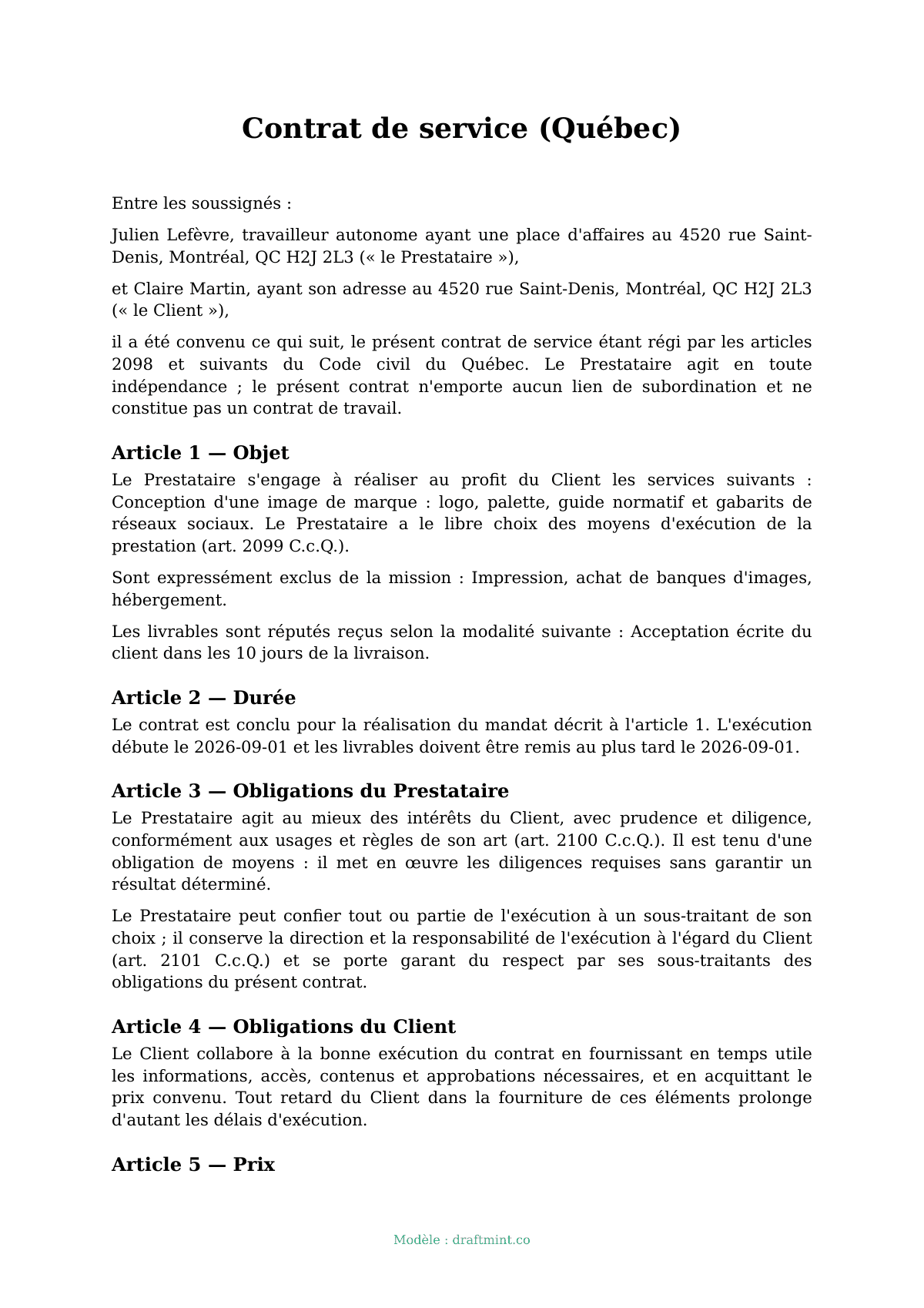 Contrat de service (Québec) — modèle rempli, exemple en PDF