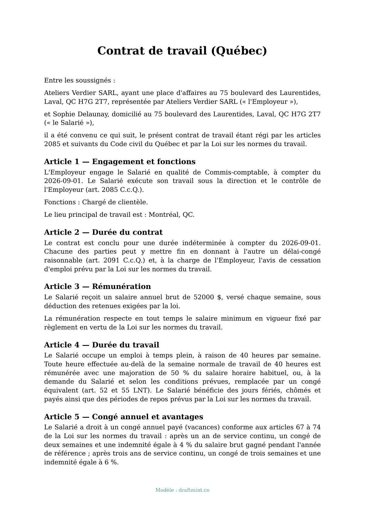 Contrat de travail (Québec) — modèle rempli, exemple en PDF