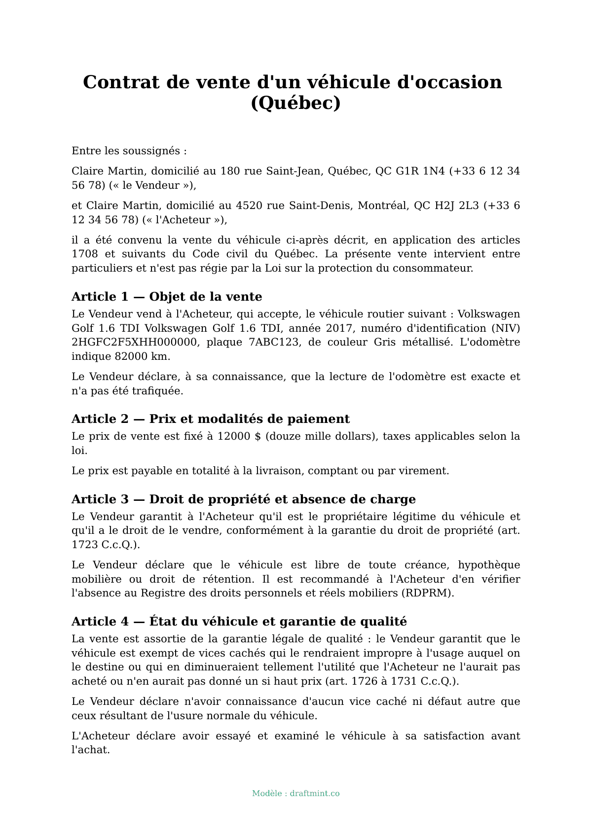 Contrat de vente d'un véhicule d'occasion (Québec) — modèle rempli, exemple en PDF