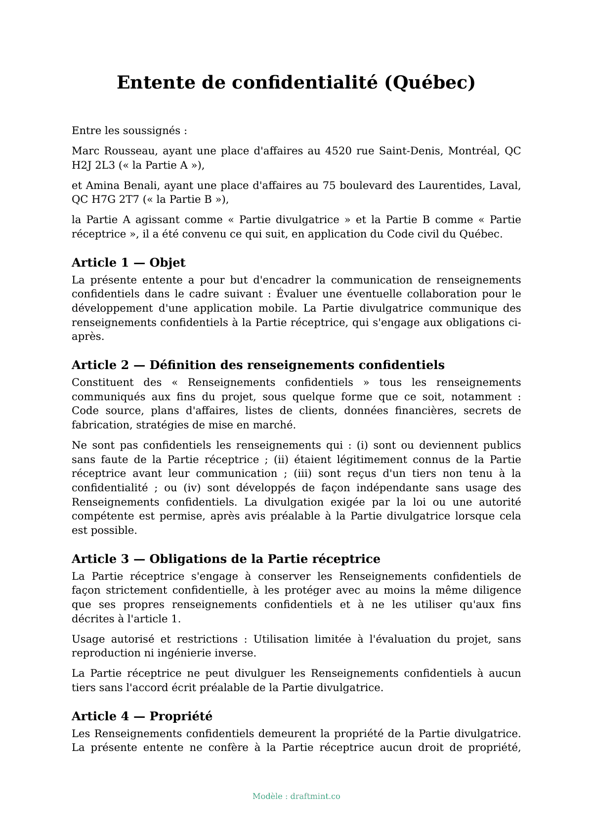 Entente de confidentialité (Québec) — modèle rempli, exemple en PDF