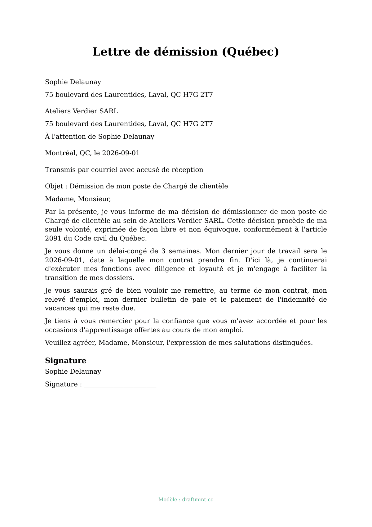 Lettre de démission (Québec) — modèle rempli, exemple en PDF