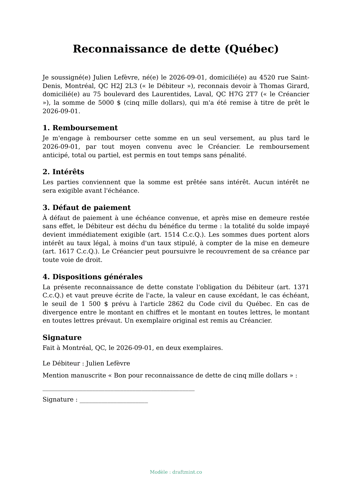 Reconnaissance de dette (Québec) — modèle rempli, exemple en PDF
