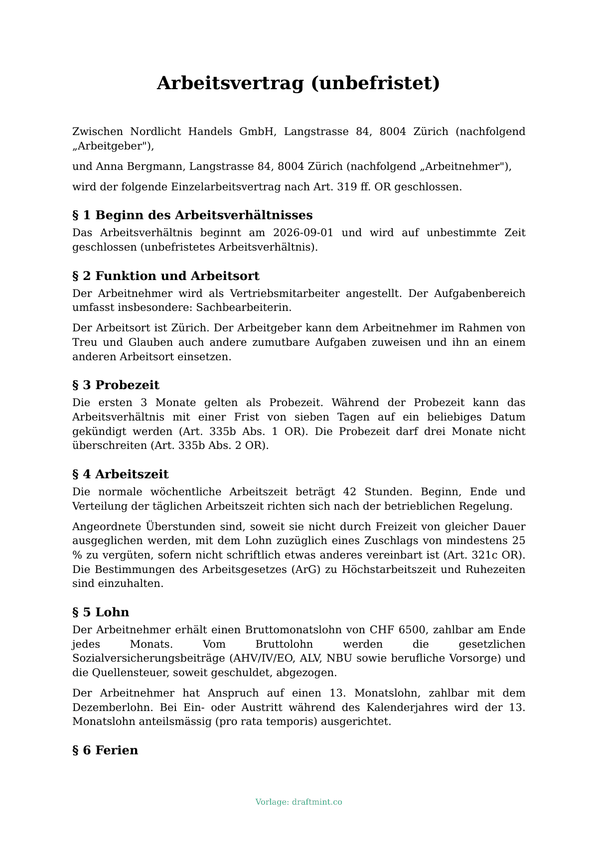 Arbeitsvertrag (unbefristet) — ausgefüllte Vorlage, Muster als PDF