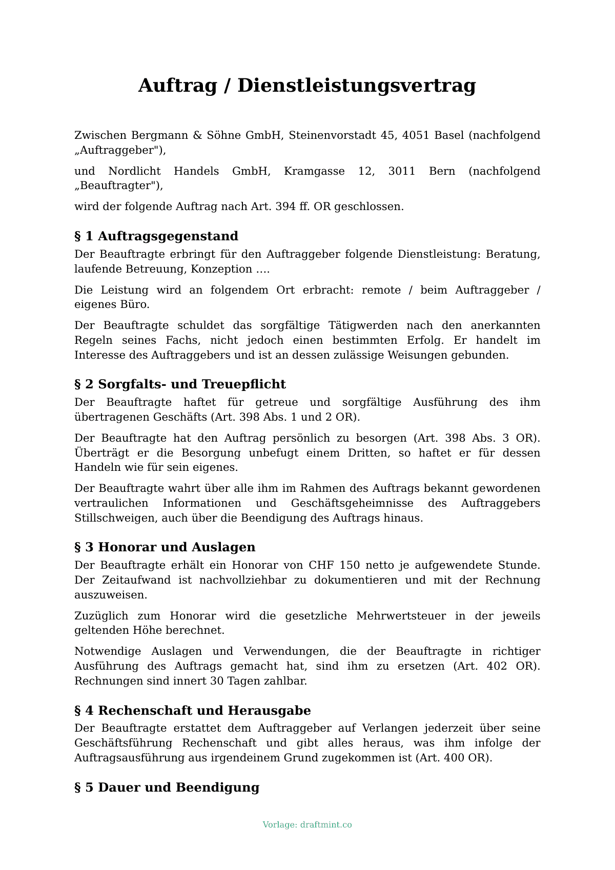 Auftrag / Dienstleistungsvertrag — ausgefüllte Vorlage, Muster als PDF