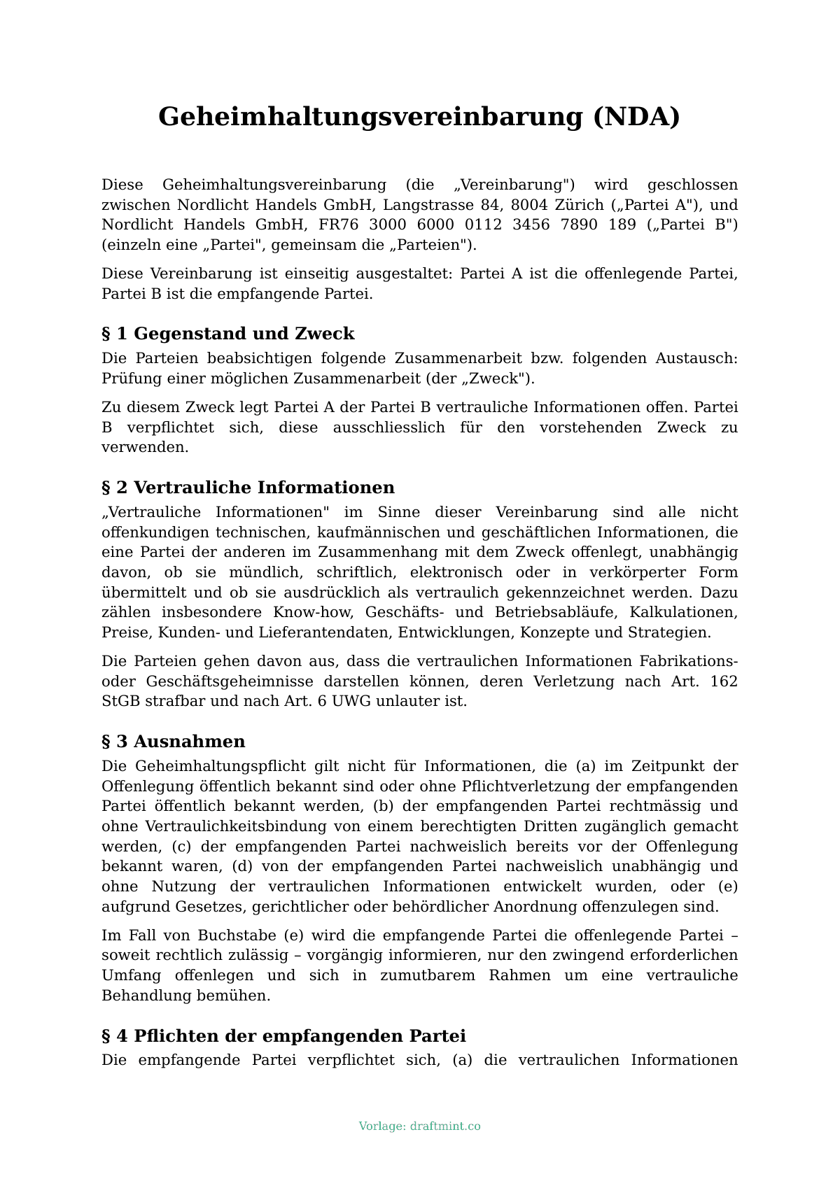 Geheimhaltungsvereinbarung (NDA) — ausgefüllte Vorlage, Muster als PDF