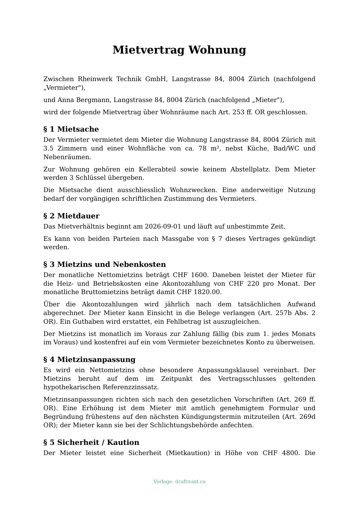Mietvertrag Wohnung — ausgefüllte Vorlage, Muster als PDF