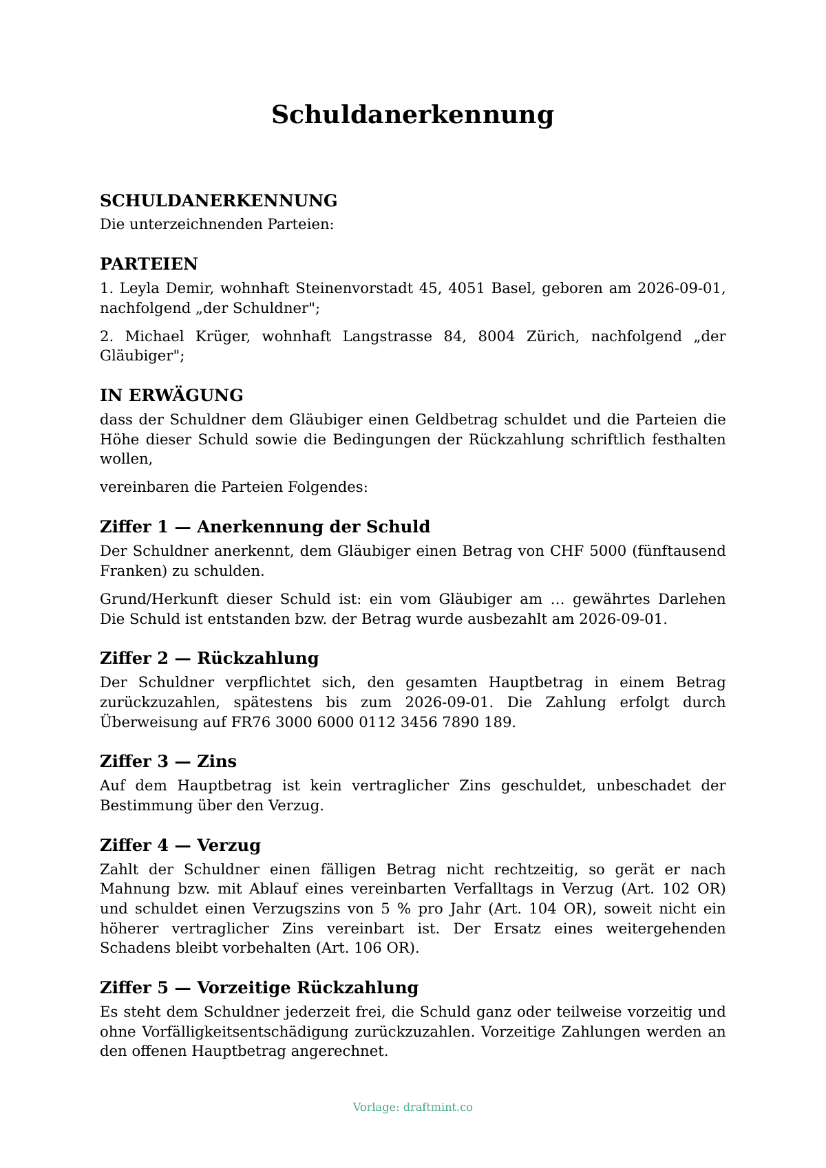 Schuldanerkennung — ausgefüllte Vorlage, Muster als PDF