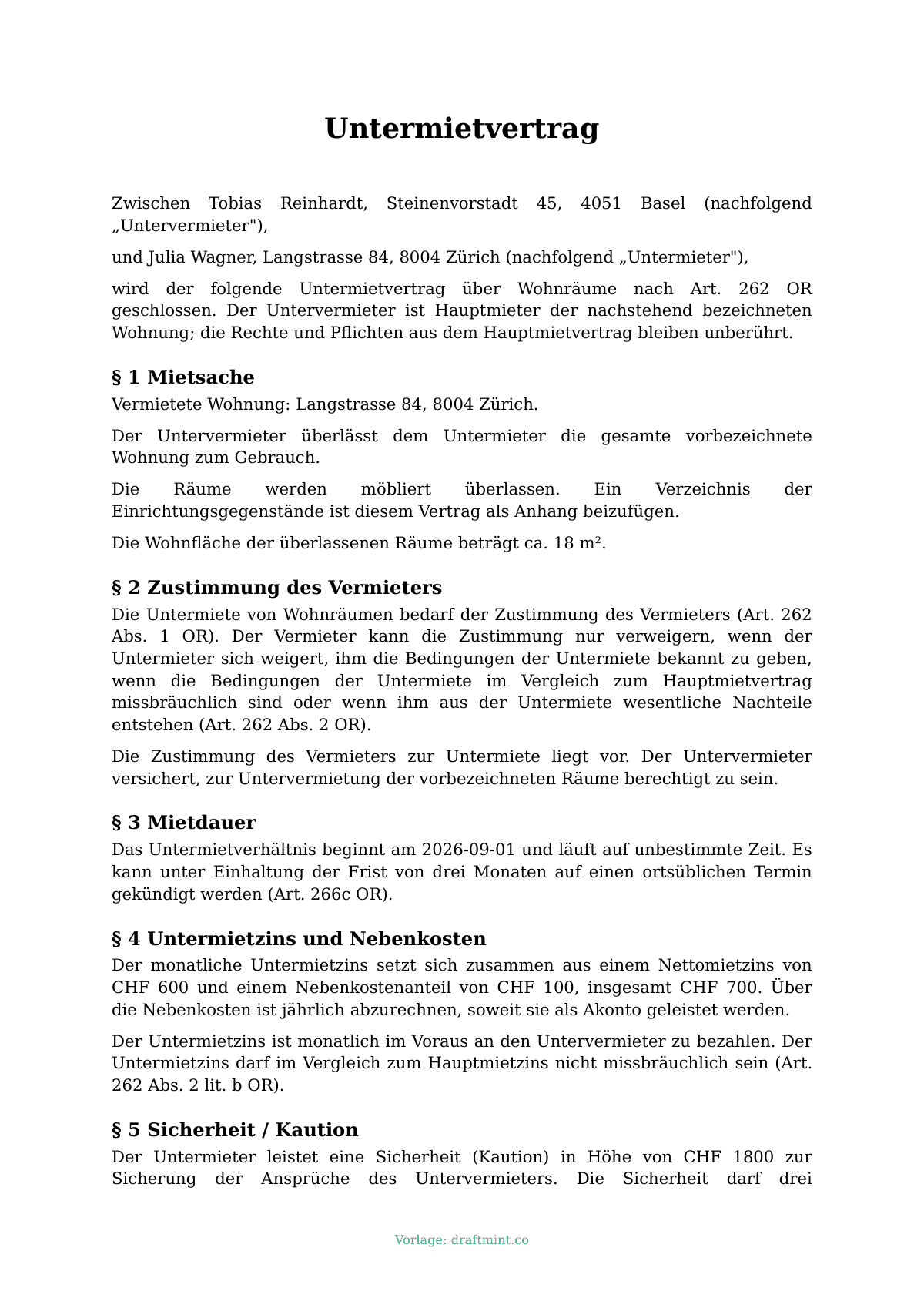 Untermietvertrag — ausgefüllte Vorlage, Muster als PDF