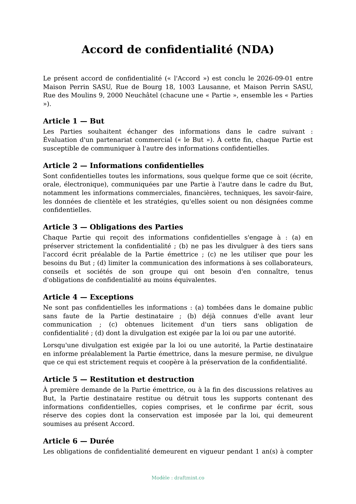 Accord de confidentialité (NDA) — modèle rempli, exemple en PDF