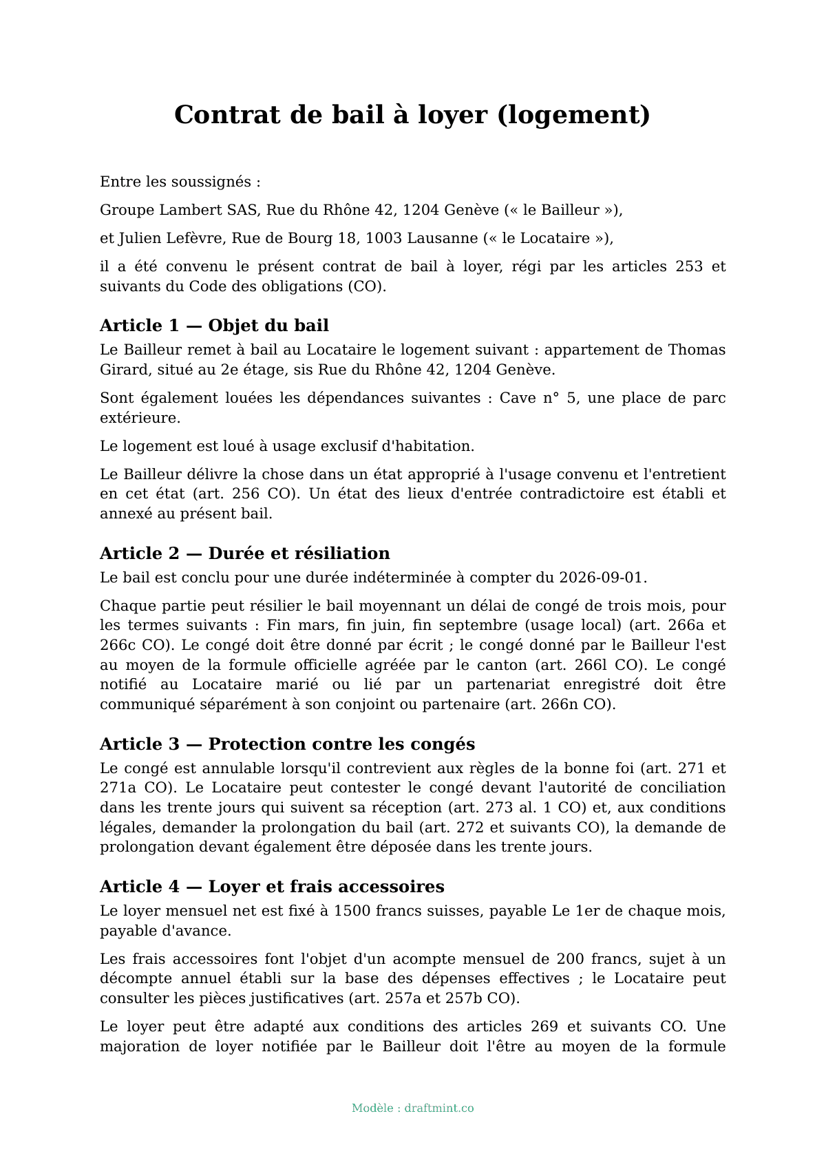 Contrat de bail à loyer (logement) — modèle rempli, exemple en PDF