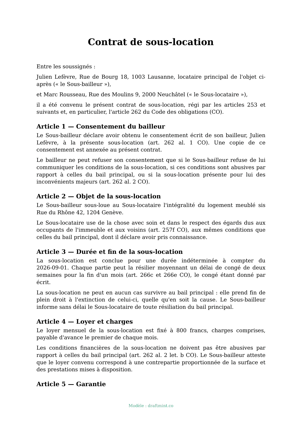 Contrat de sous-location — modèle rempli, exemple en PDF