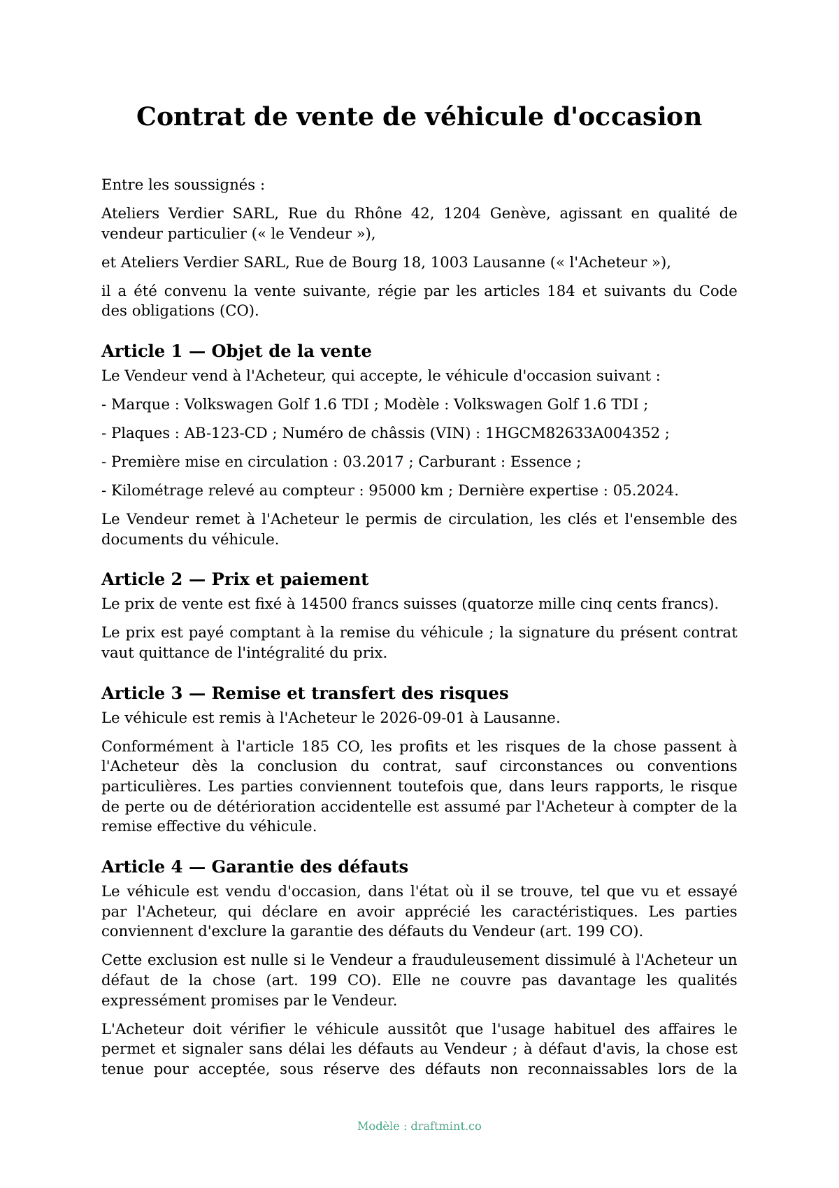Contrat de vente de véhicule d'occasion — modèle rempli, exemple en PDF