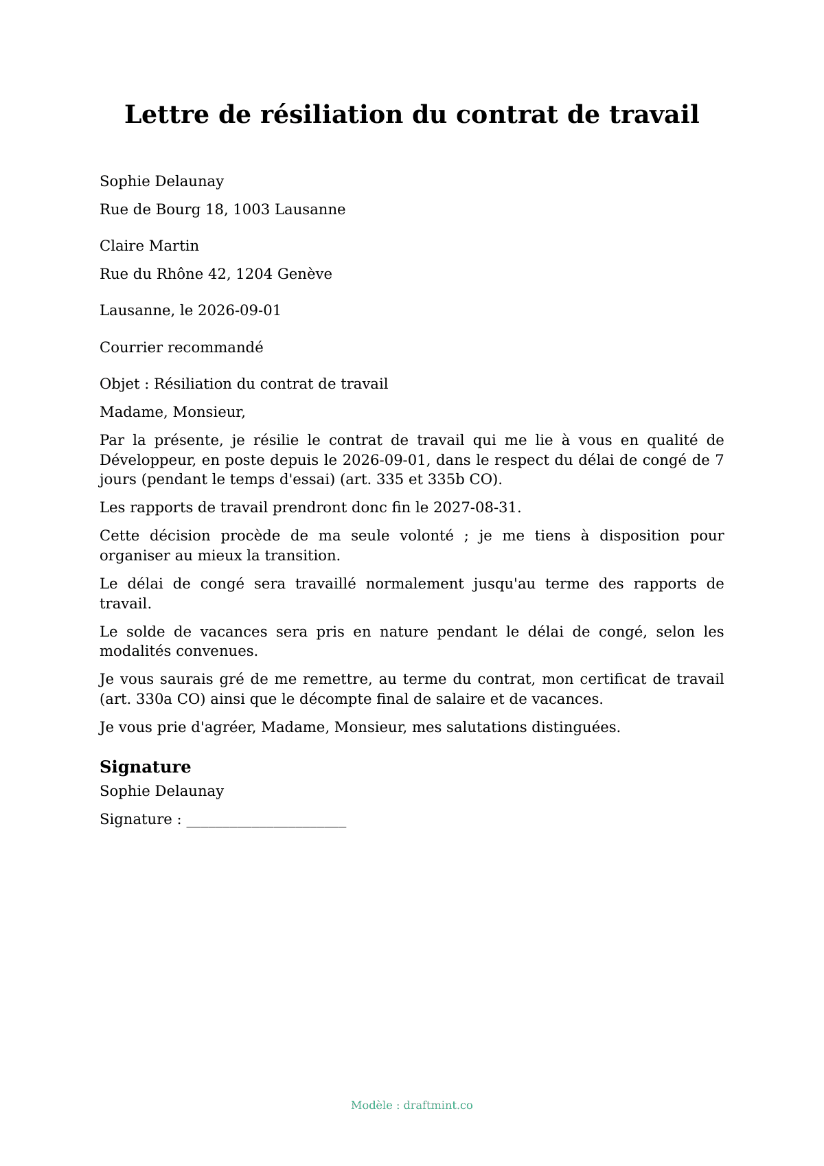 Lettre de résiliation du contrat de travail — modèle rempli, exemple en PDF