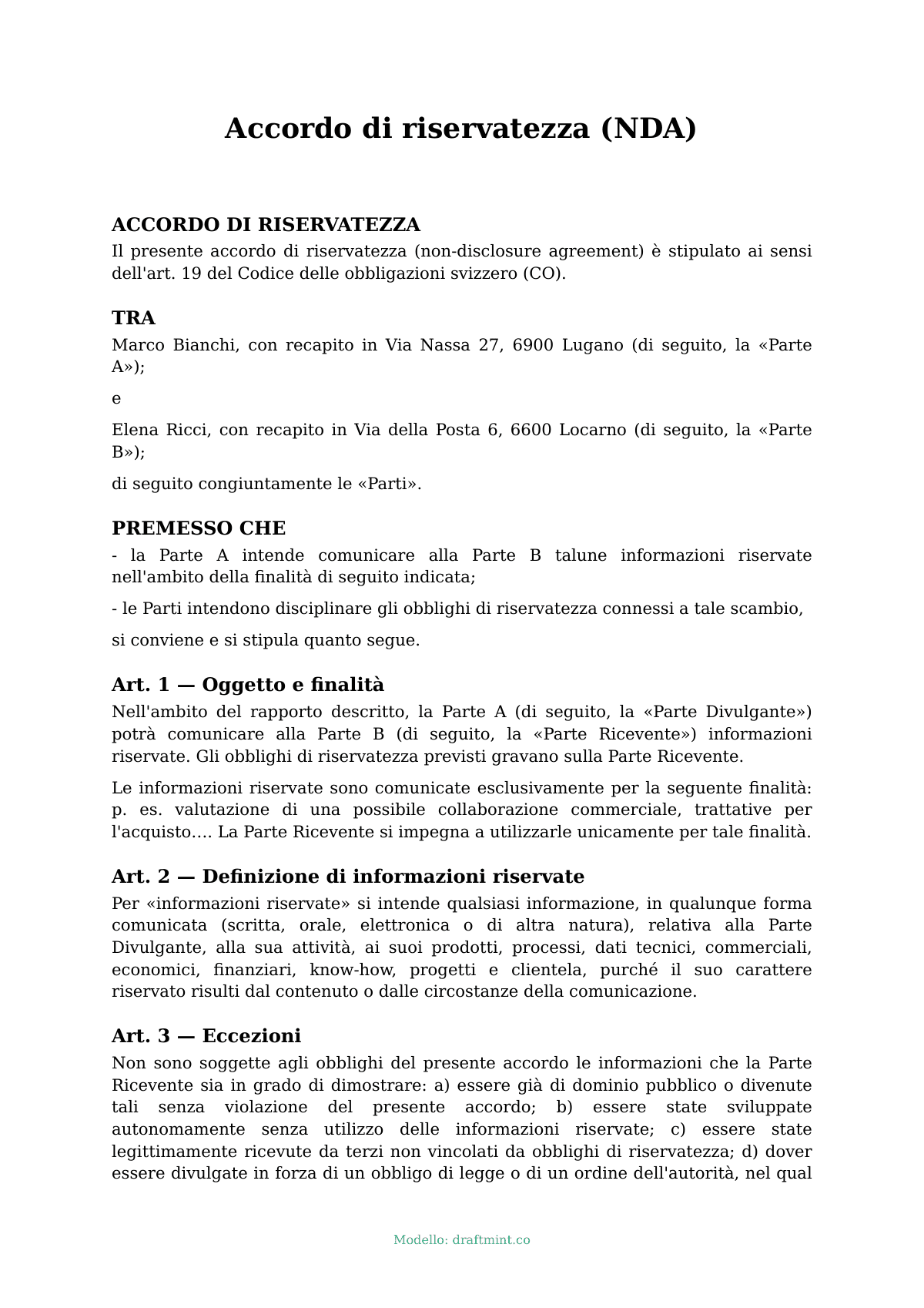Accordo di riservatezza (NDA) — modello compilato, esempio in PDF