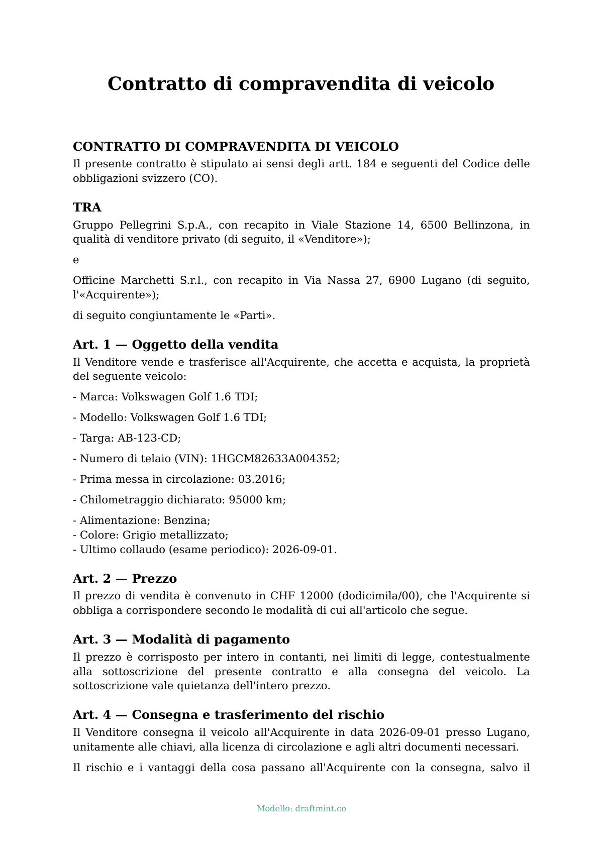 Contratto di compravendita di veicolo — modello compilato, esempio in PDF