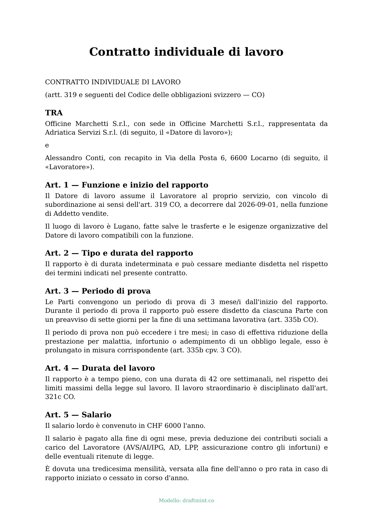 Contratto individuale di lavoro — modello compilato, esempio in PDF