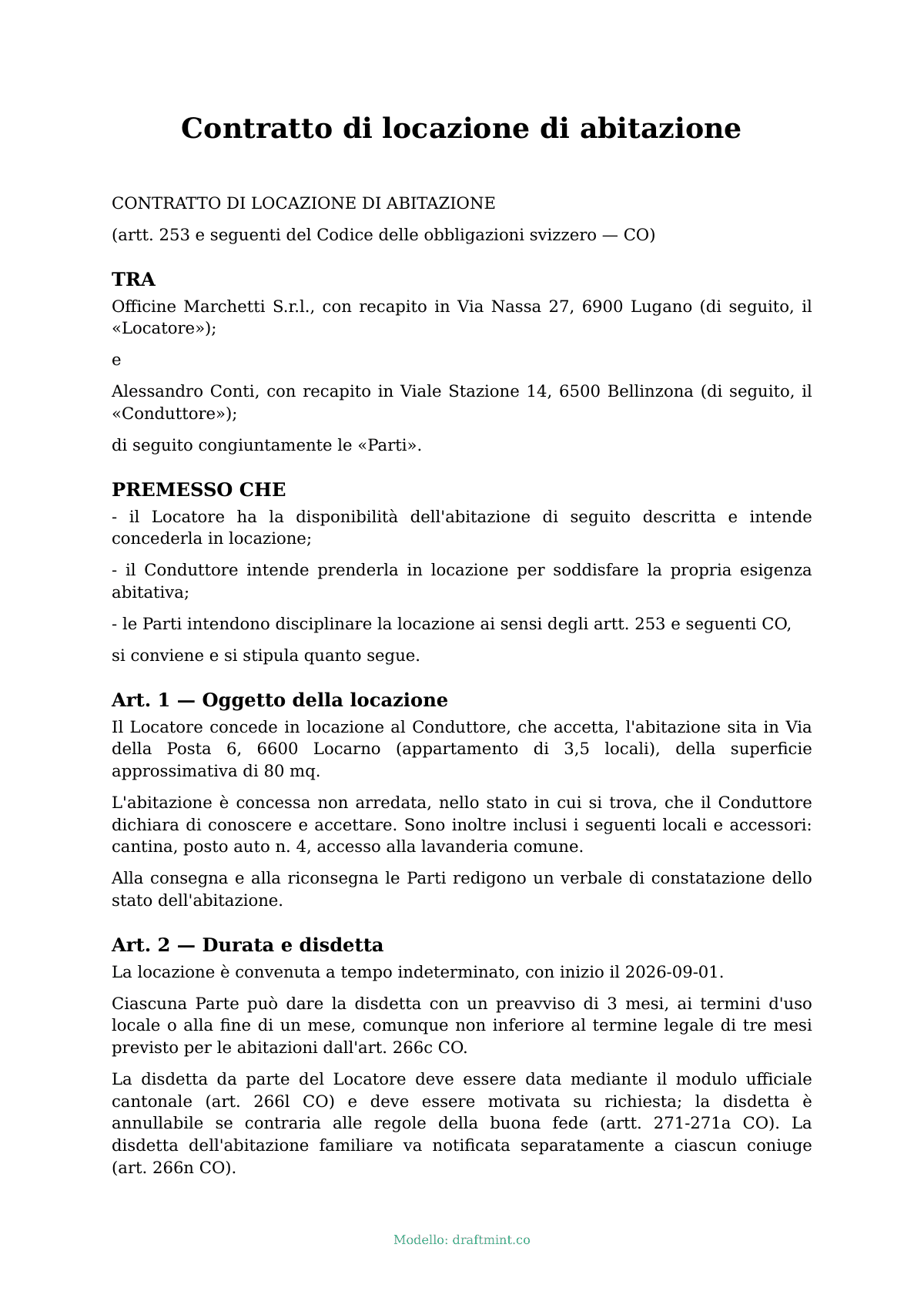 Contratto di locazione di abitazione — modello compilato, esempio in PDF