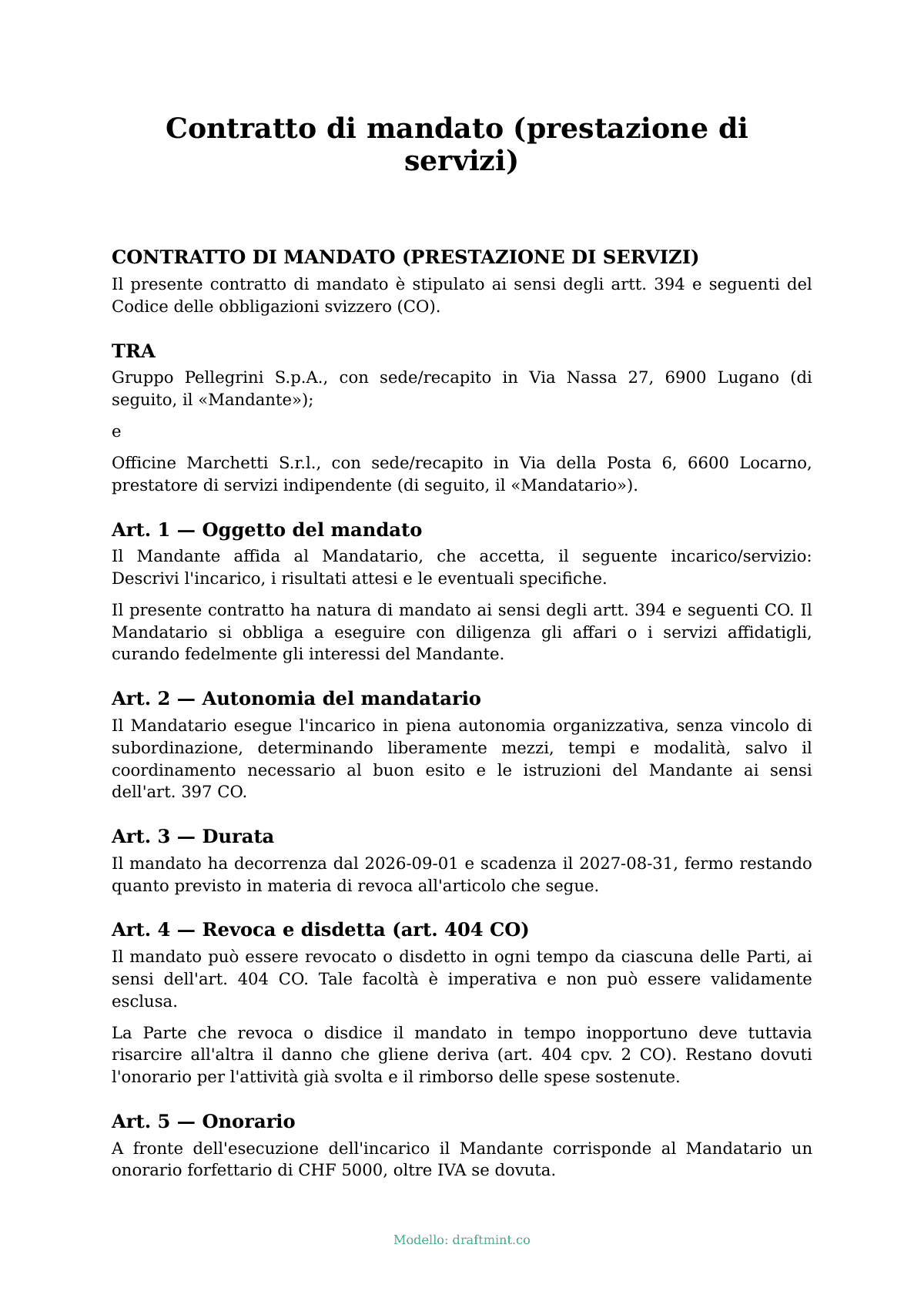 Contratto di mandato (prestazione di servizi) — modello compilato, esempio in PDF