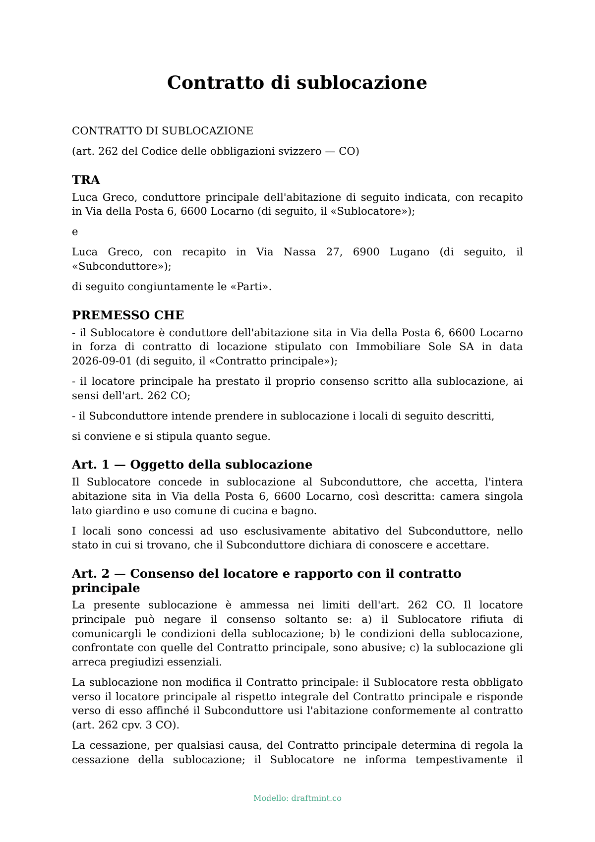 Contratto di sublocazione — modello compilato, esempio in PDF