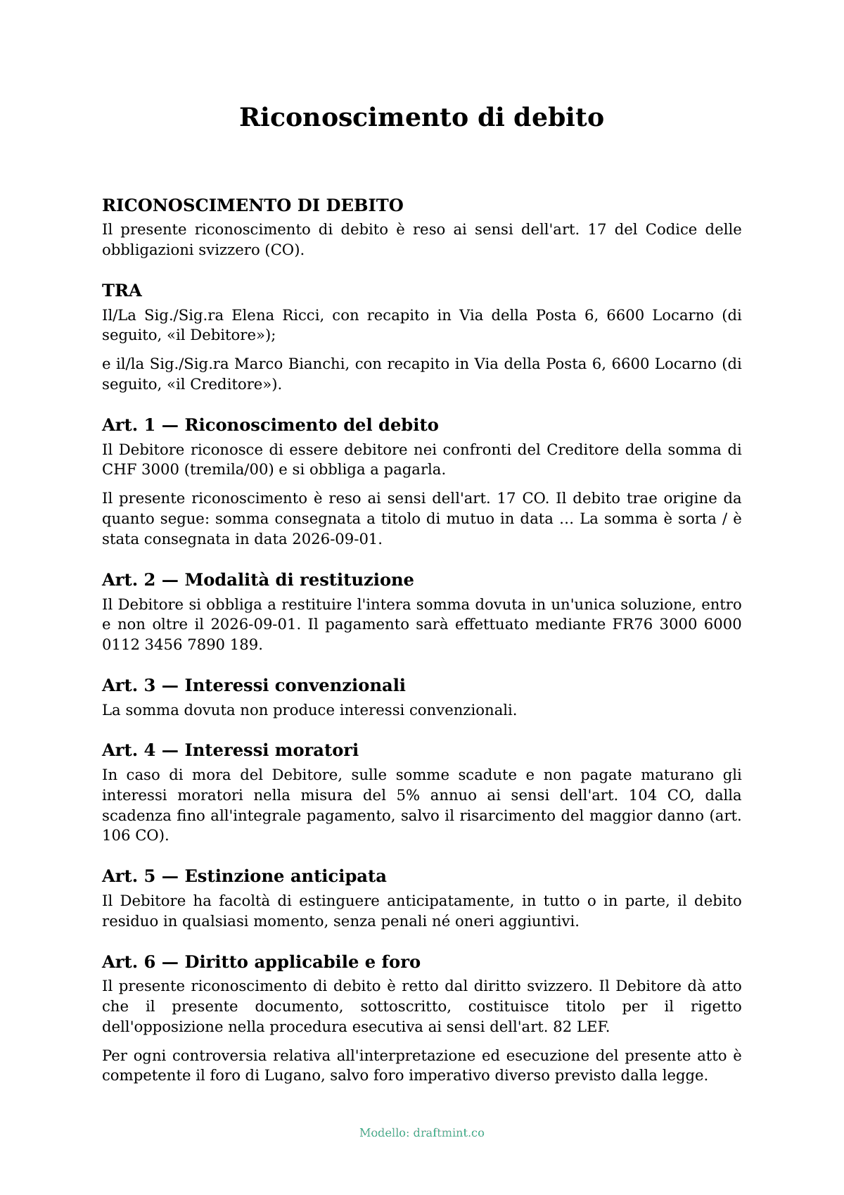Riconoscimento di debito — modello compilato, esempio in PDF