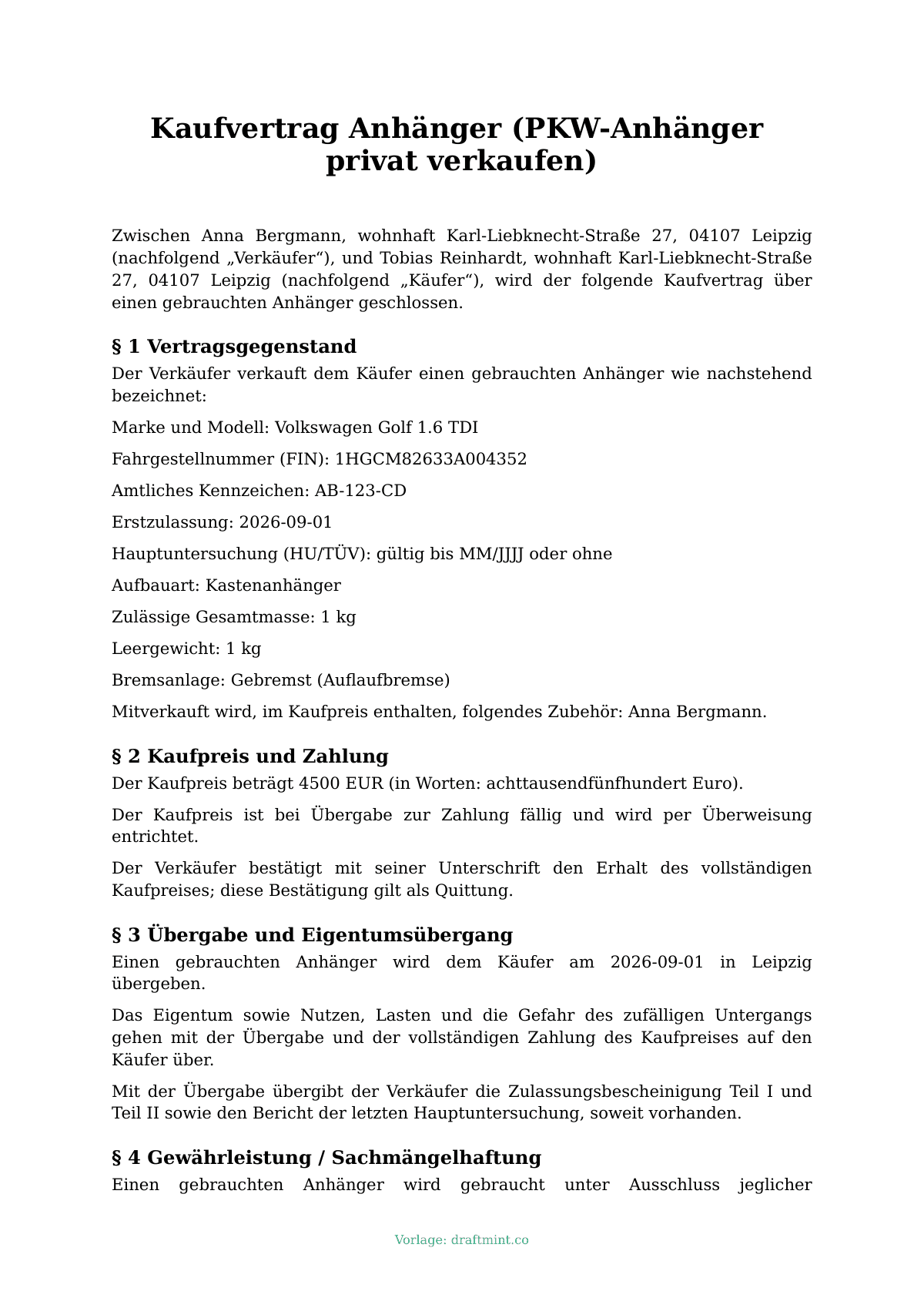 Kaufvertrag Anhänger (PKW-Anhänger privat verkaufen) — ausgefüllte Vorlage, Muster als PDF