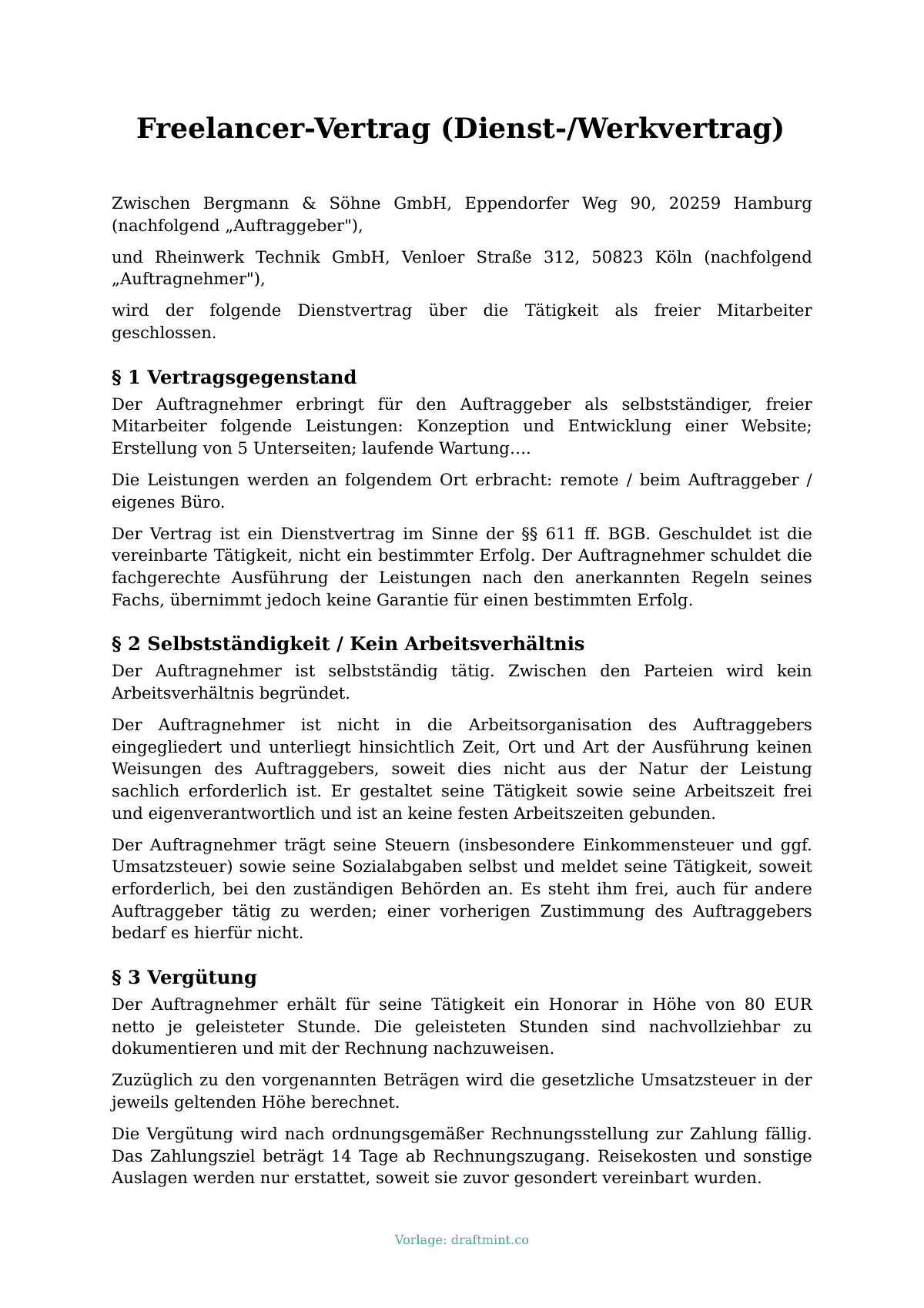 Freelancer-Vertrag (Dienst-/Werkvertrag) — ausgefüllte Vorlage, Muster als PDF