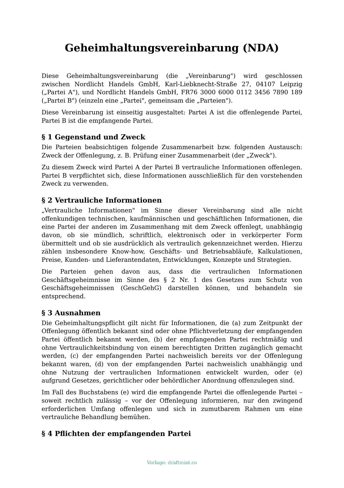Geheimhaltungsvereinbarung (NDA) — ausgefüllte Vorlage, Muster als PDF