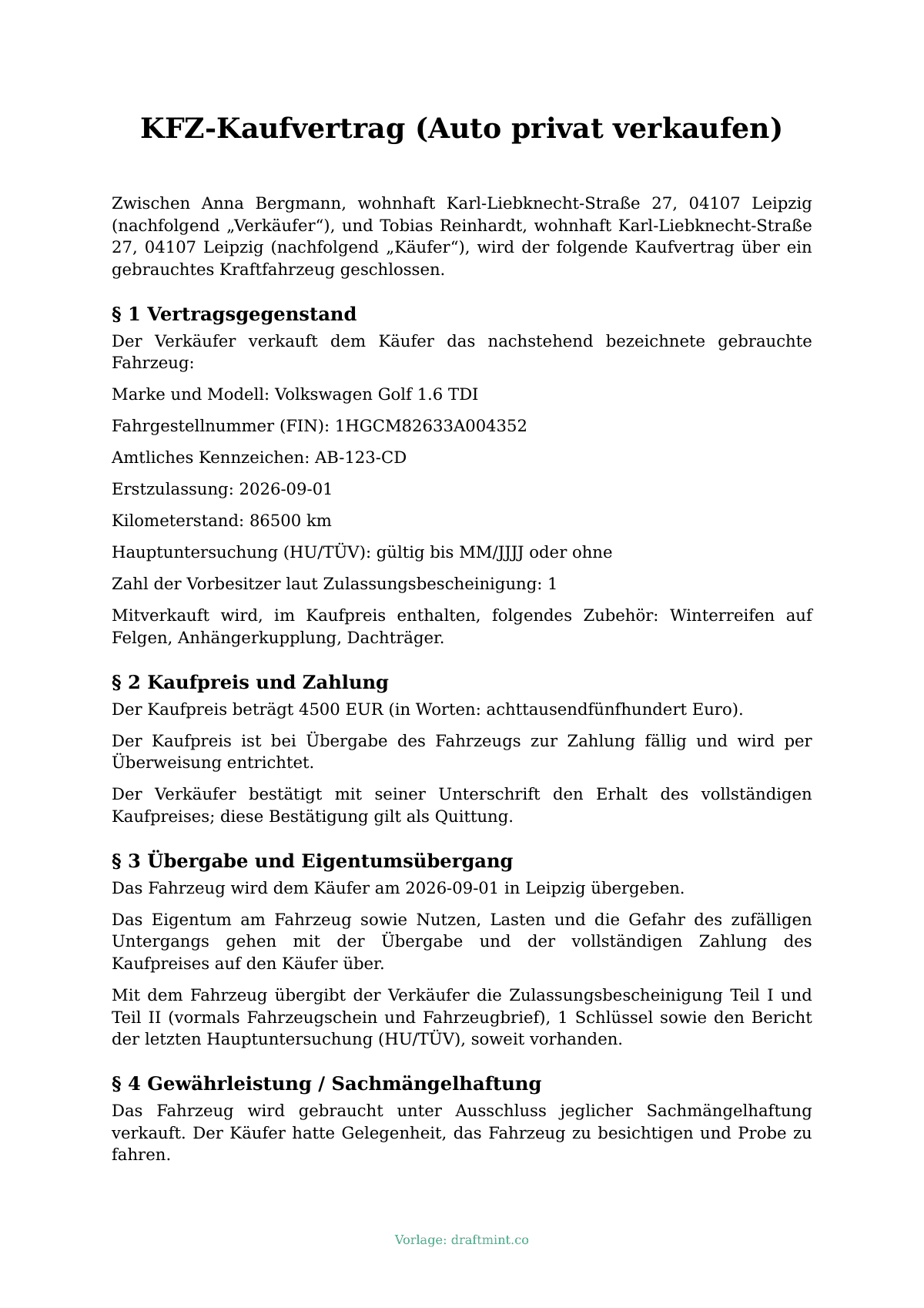KFZ-Kaufvertrag (Auto privat verkaufen) — ausgefüllte Vorlage, Muster als PDF