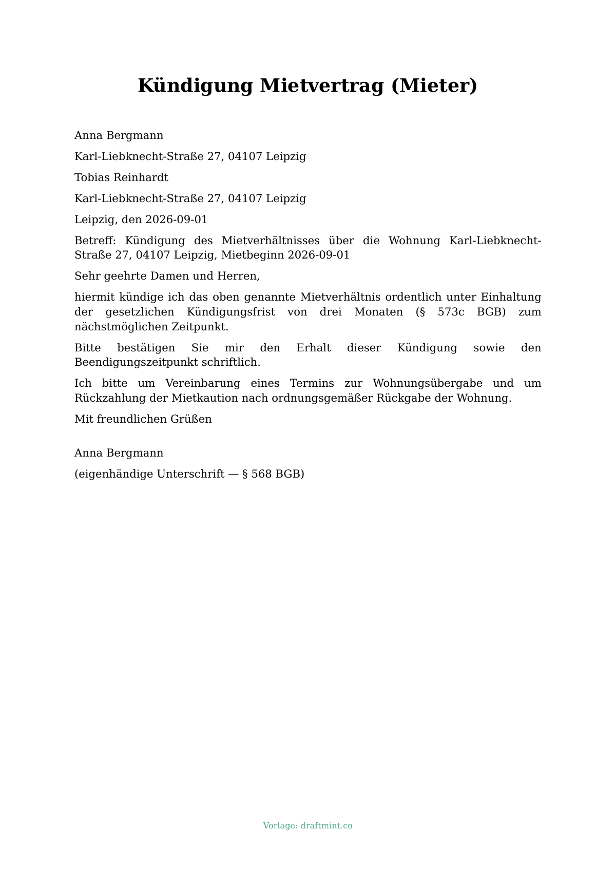 Kündigung Mietvertrag (Mieter) — ausgefüllte Vorlage, Muster als PDF