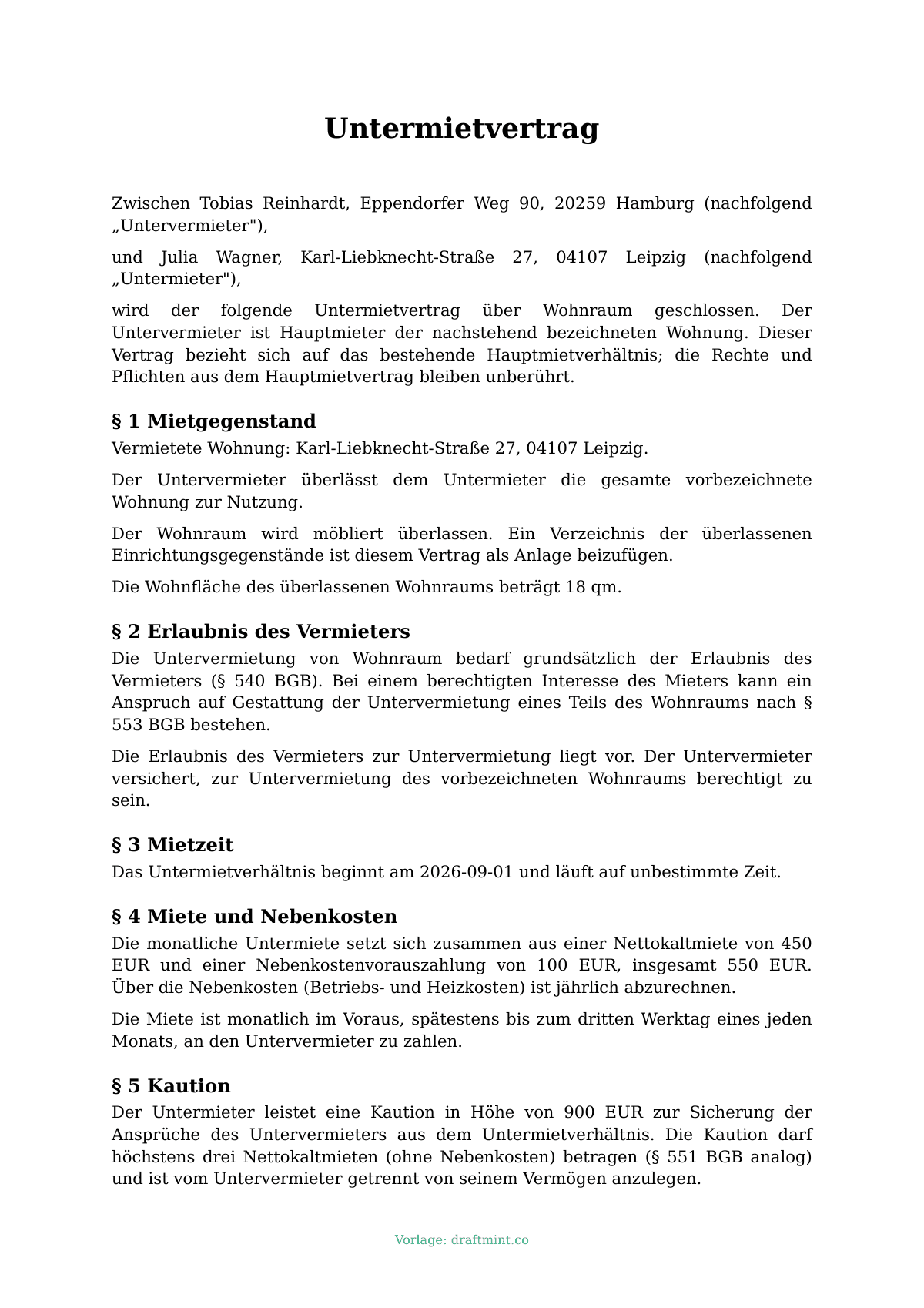 Untermietvertrag — ausgefüllte Vorlage, Muster als PDF