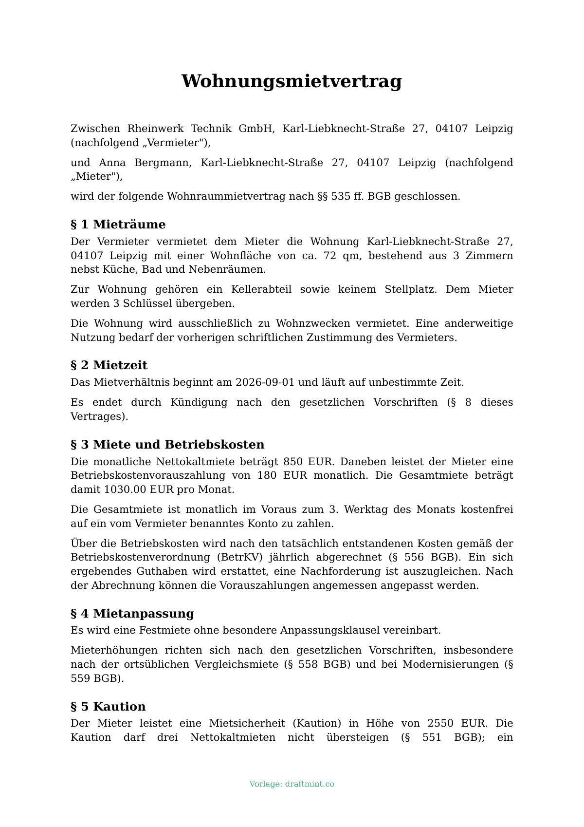 Wohnungsmietvertrag — ausgefüllte Vorlage, Muster als PDF