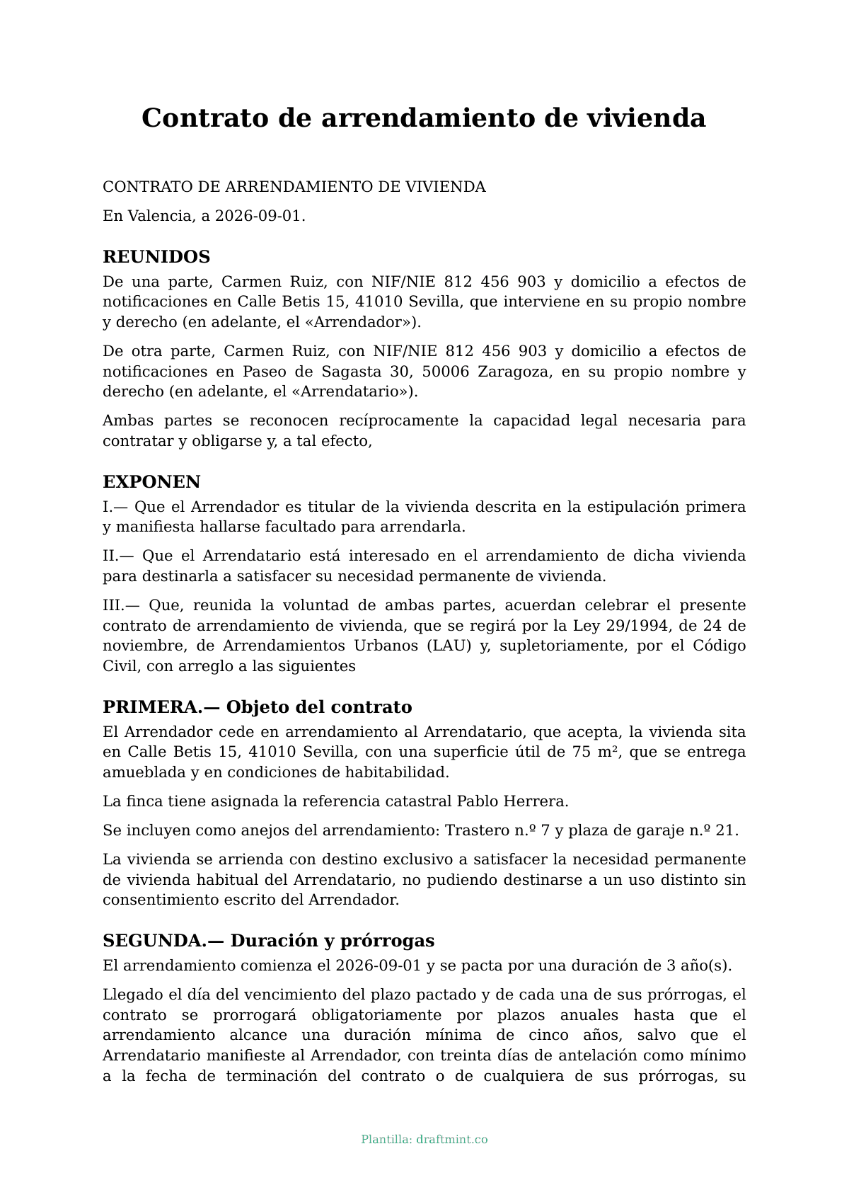 Contrato de arrendamiento de vivienda — modelo rellenado, ejemplo en PDF