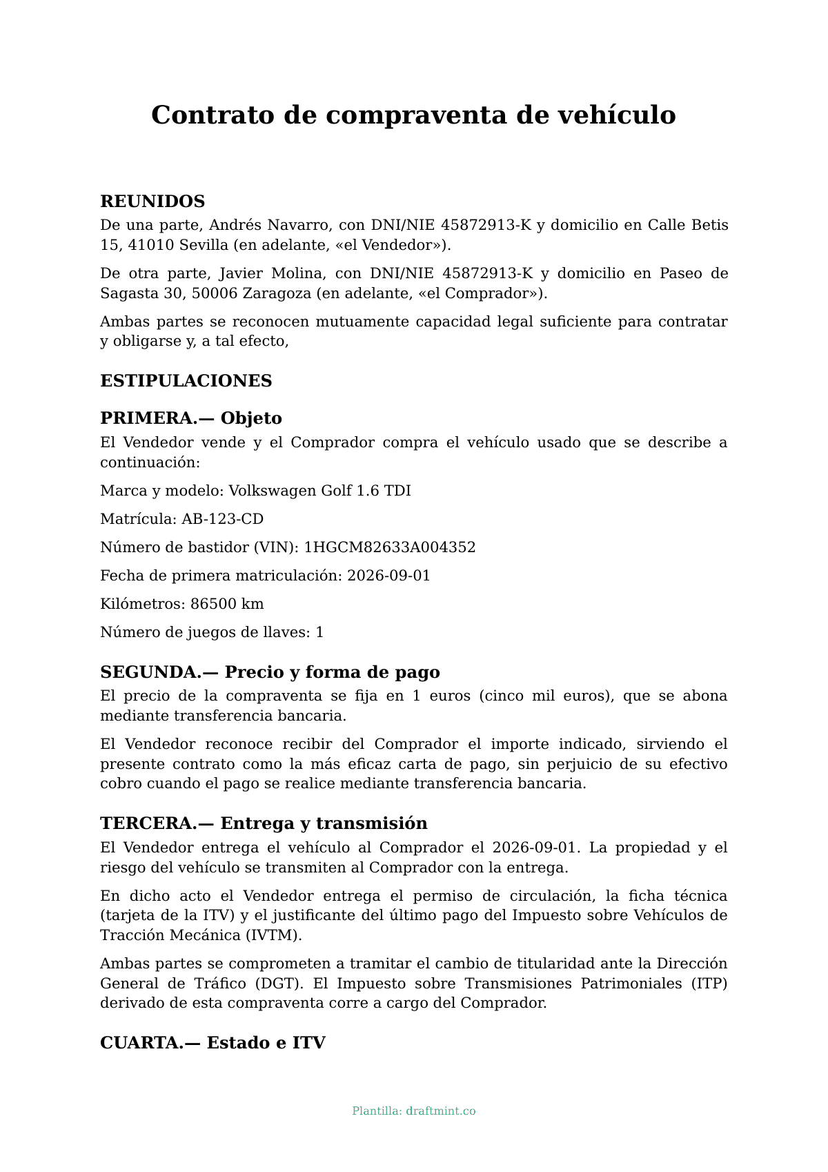Contrato de compraventa de vehículo — modelo rellenado, ejemplo en PDF