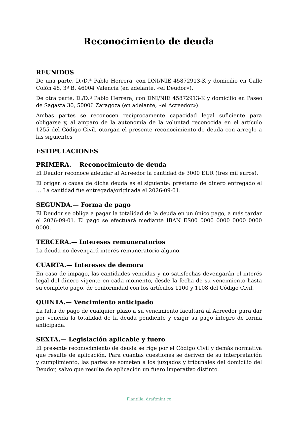 Reconocimiento de deuda — modelo rellenado, ejemplo en PDF