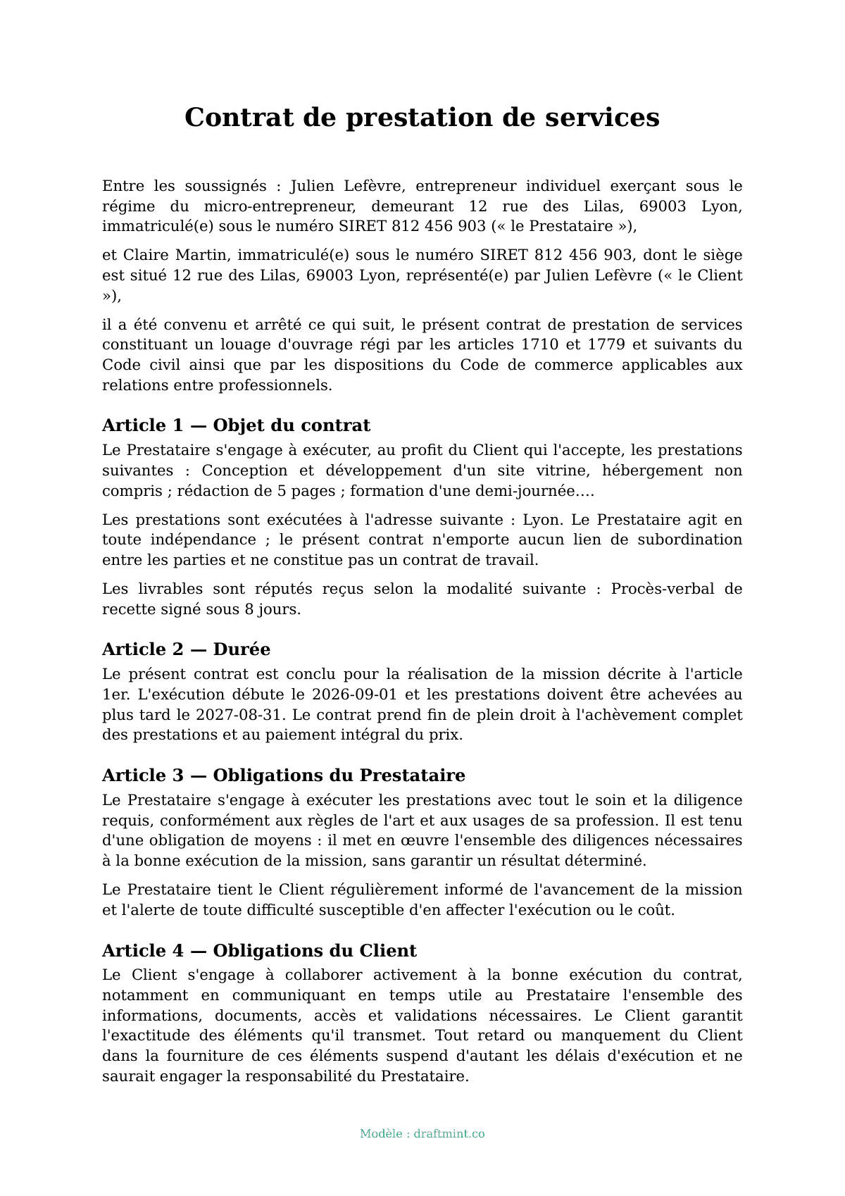 Contrat de prestation de services — modèle rempli, exemple en PDF