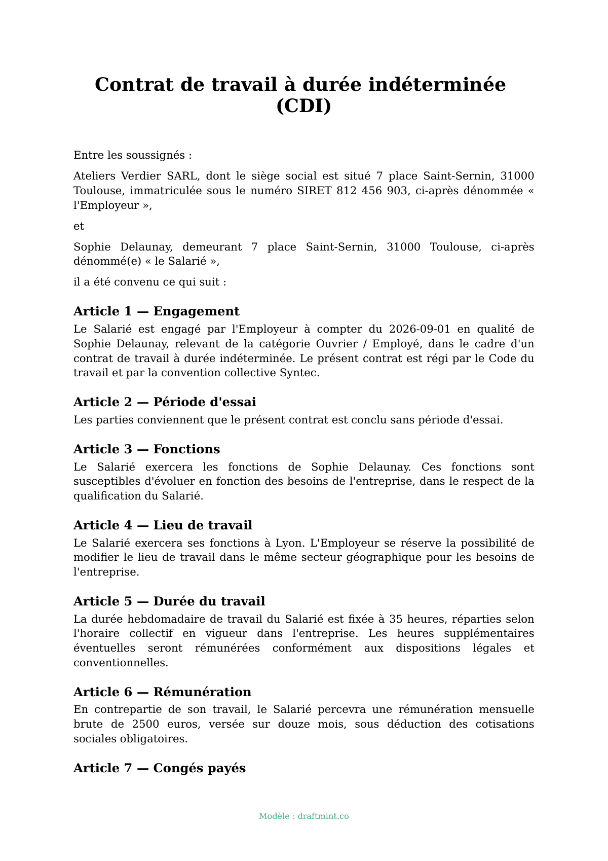 Contrat de travail à durée indéterminée (CDI) — modèle rempli, exemple en PDF