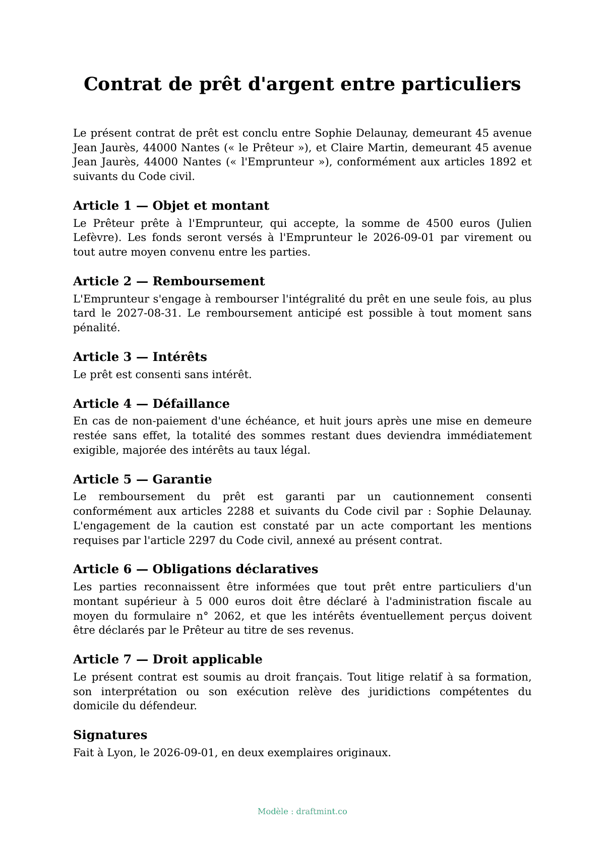 Contrat de prêt d'argent entre particuliers — modèle rempli, exemple en PDF