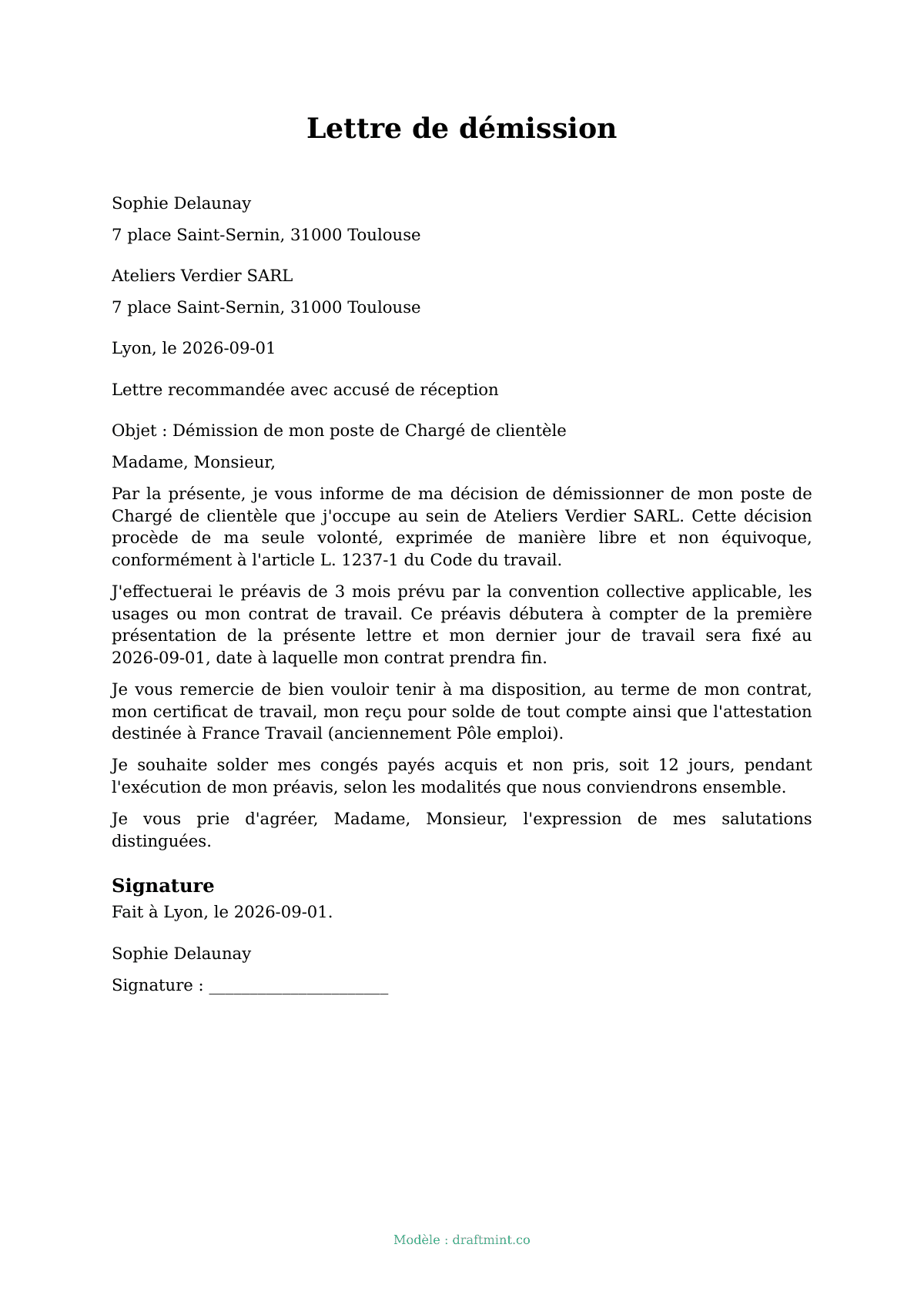 Lettre de démission — modèle rempli, exemple en PDF