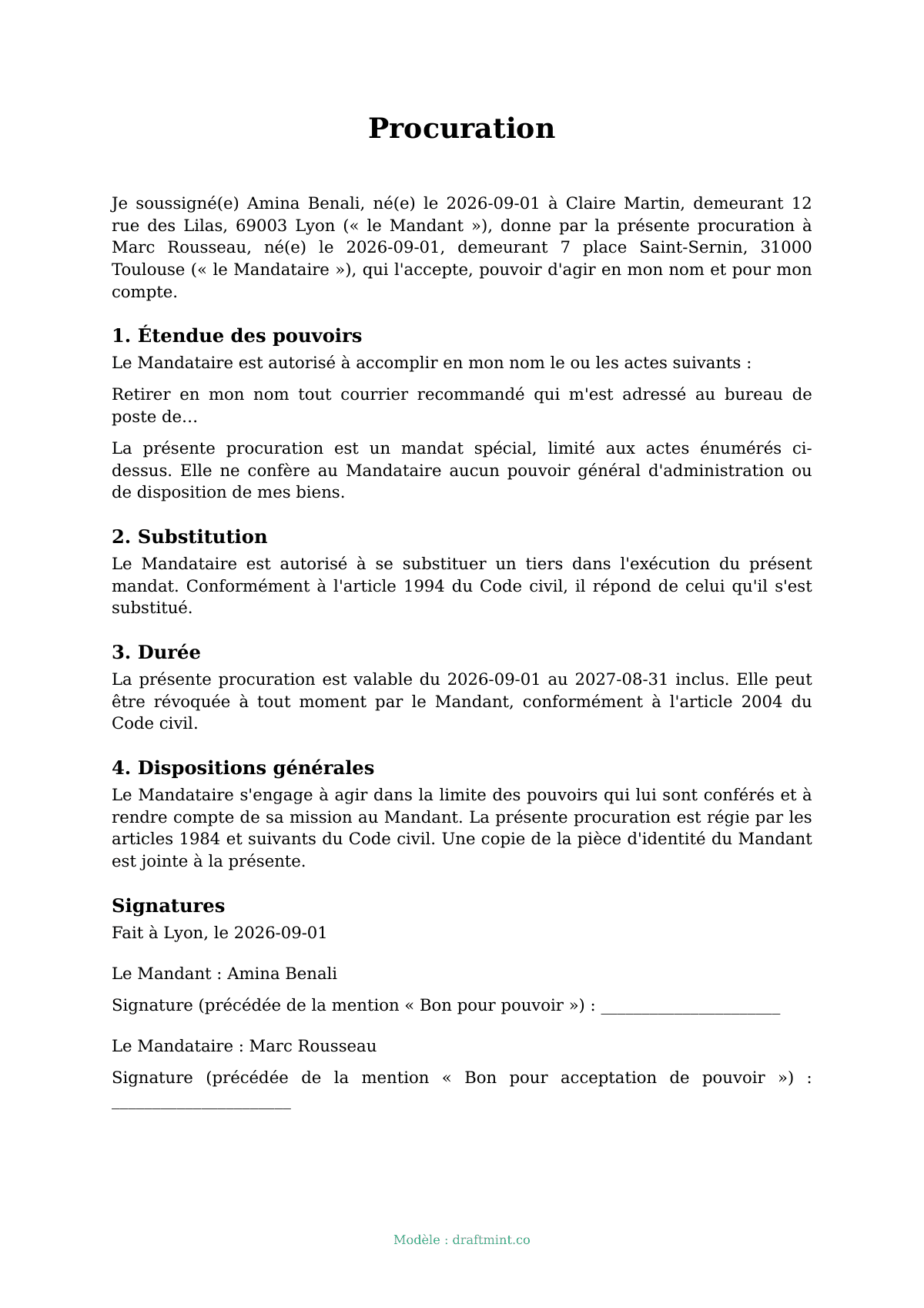 Procuration — modèle rempli, exemple en PDF